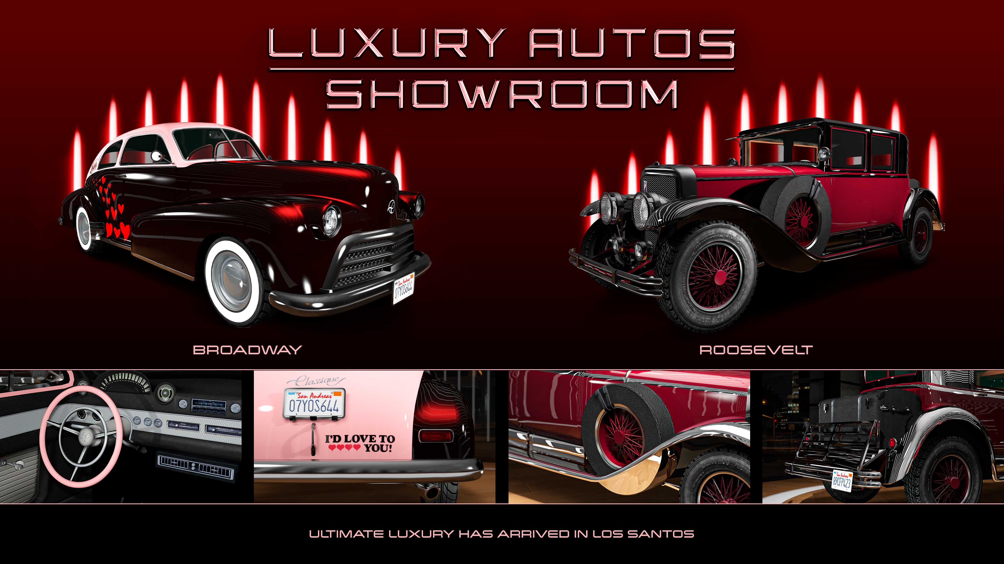 Luxury Autos Showroom poster. Left: A black three-door Classique Broadway car sporting the Los Santos Lovers limited-time livery with red hearts along the rear wheel panels. Right: A red five-door Albany Roosevelt with red rims. 