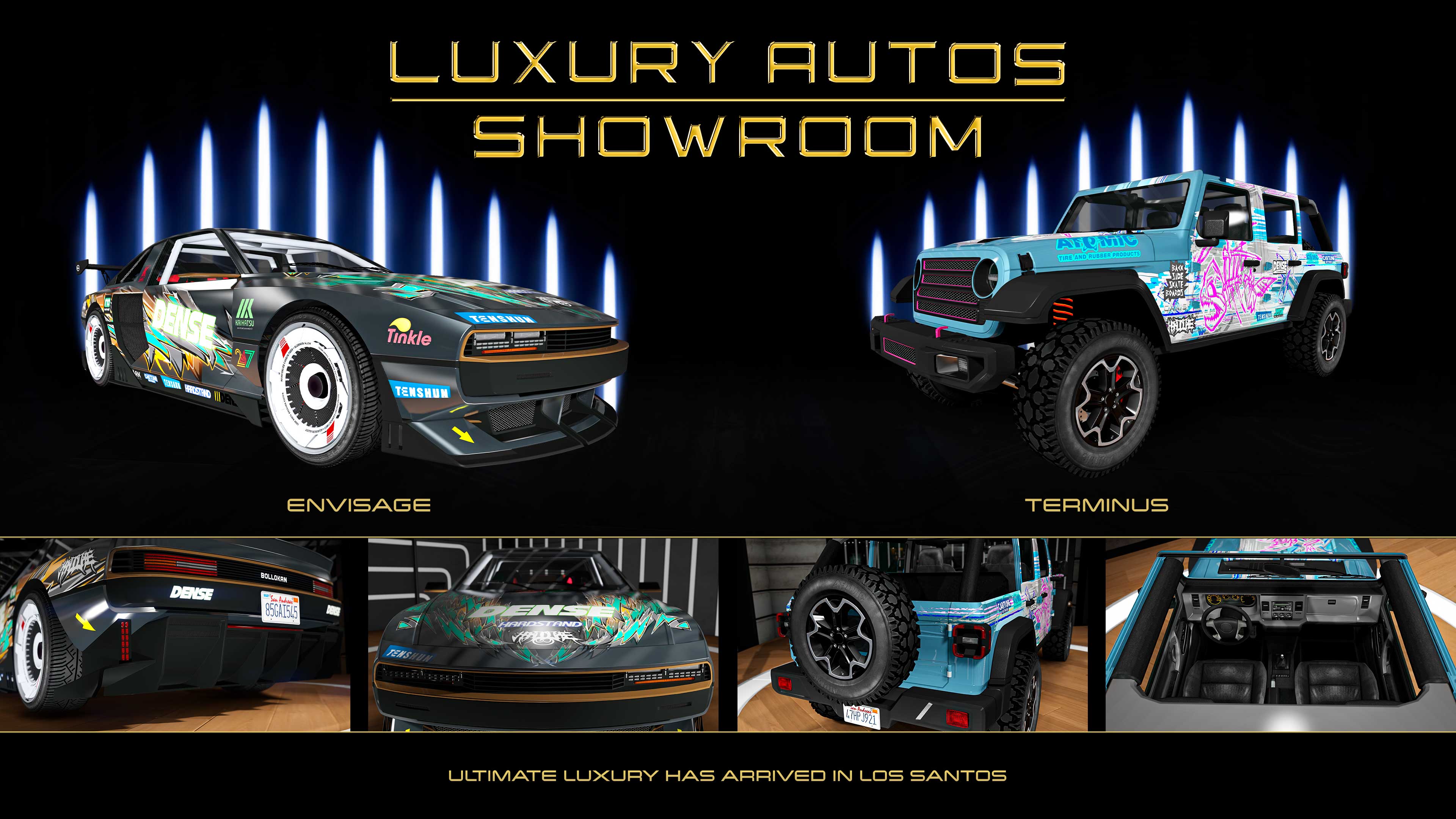 Luxury Autos Showroom poster. Left: A three-door black Bollokan Envisage car with a series of racing decals and a ‘Dense’ livery. Right: A five-door light-blue Canis Terminus off-road with a variety of brand decals and graffiti livery.   