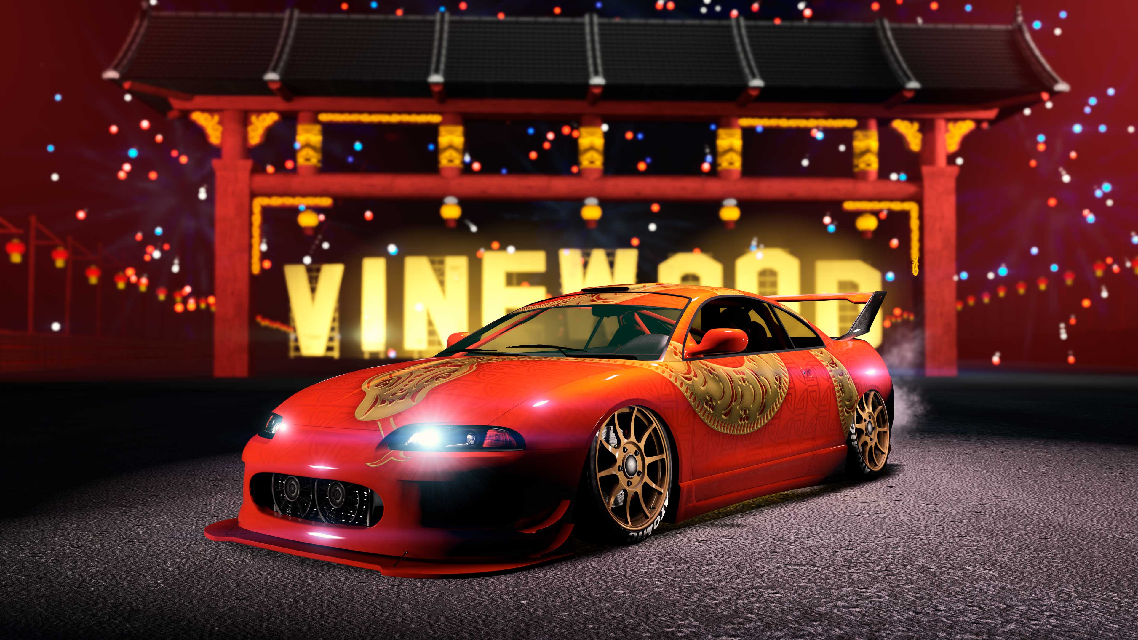 An orange Maibatsu Penumbra FF with a golden snake Lunar New Year livery.