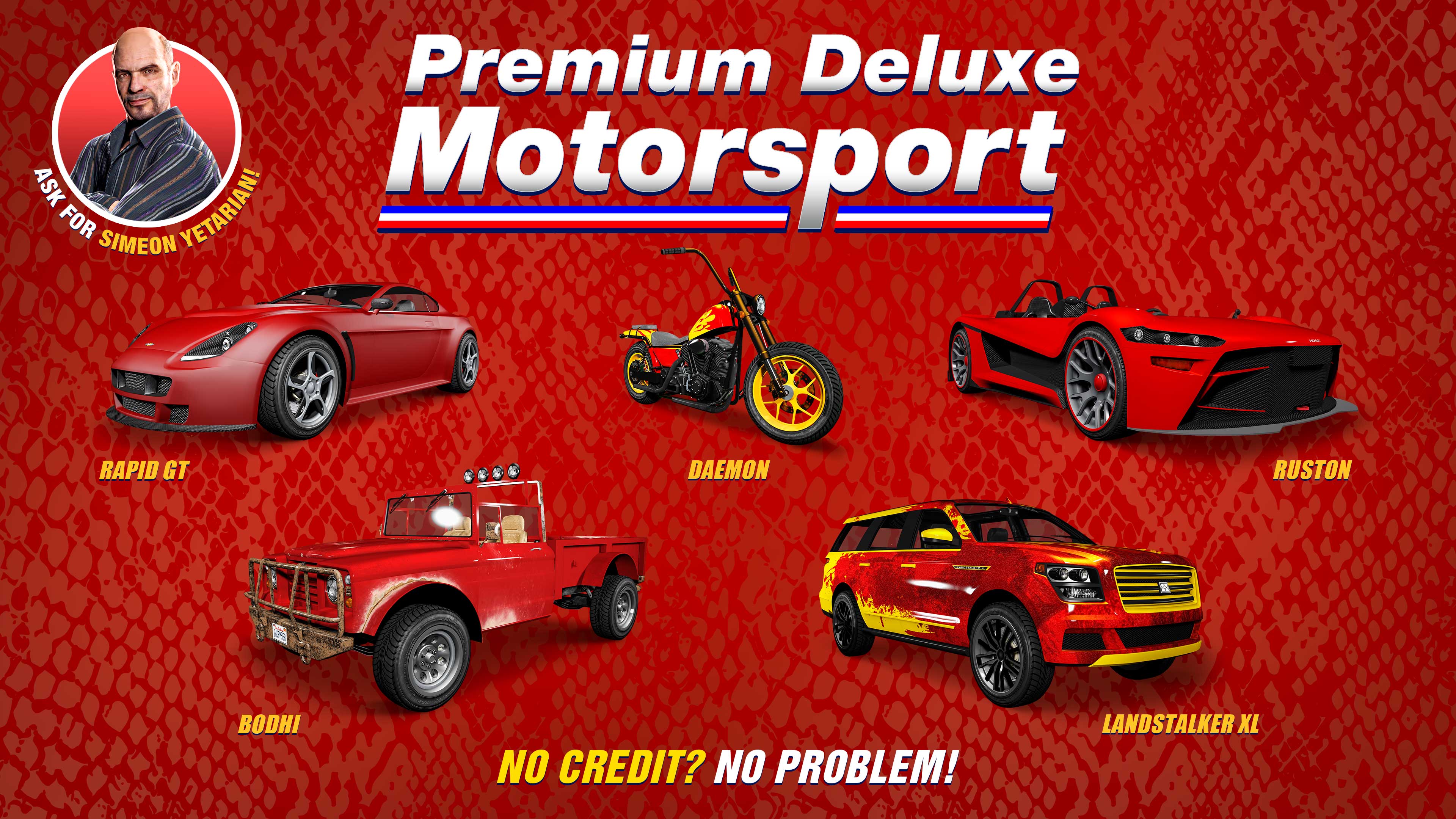 Premium Deluxe Motorsport poster for five vehicles: Western Daemon, Hijak Ruston,   Dundreary Landstalker XL, Dewbauchee Rapid GT, and Canis Bodhi. 