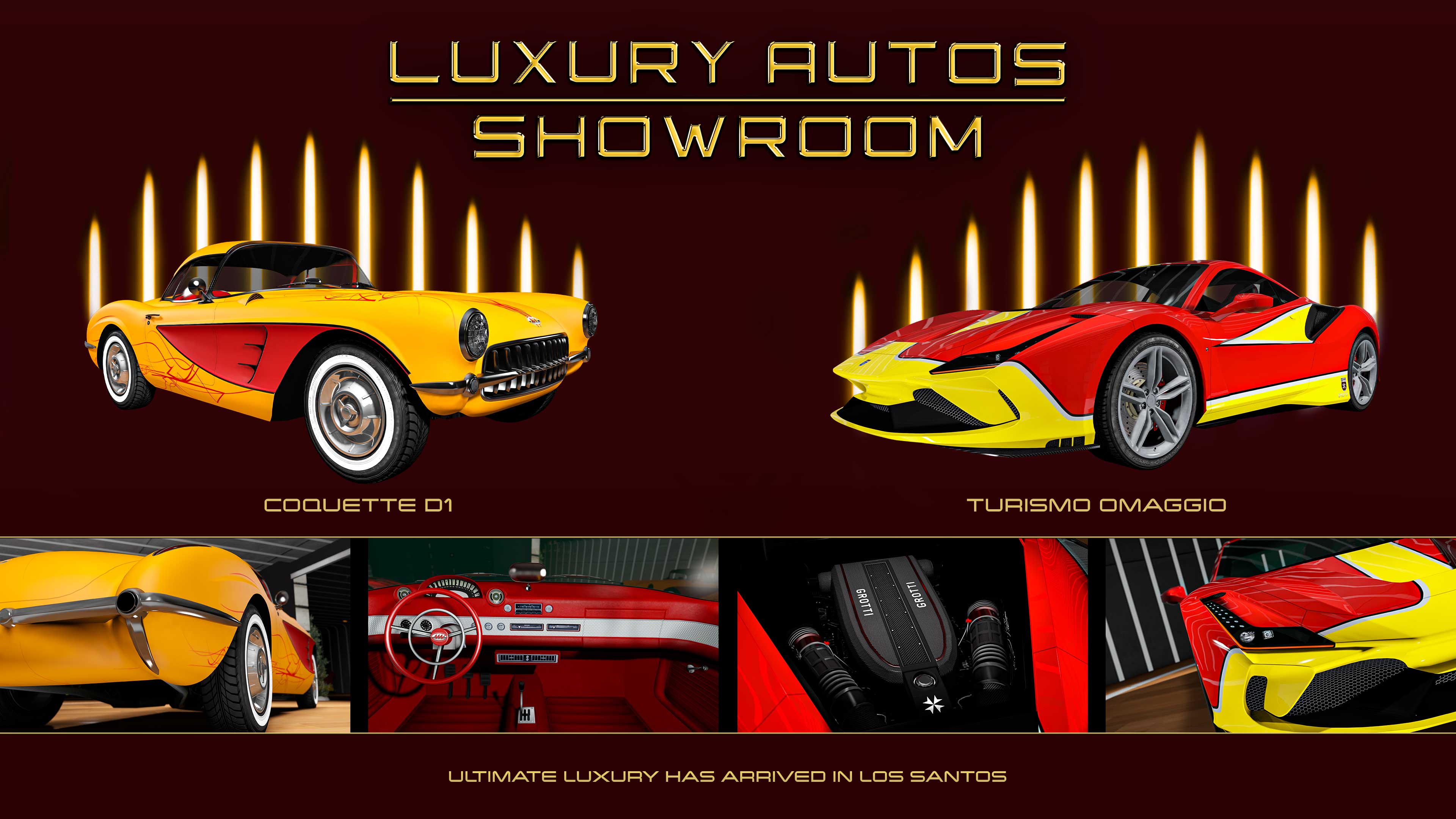 Luxury Autos Showroom poster. Left: An orange three-door Invetero Coquette D1 with a yellow livery. Right: An orange three-door Grotti Turismo Omaggio with a yellow livery outlined by black and white edges. 