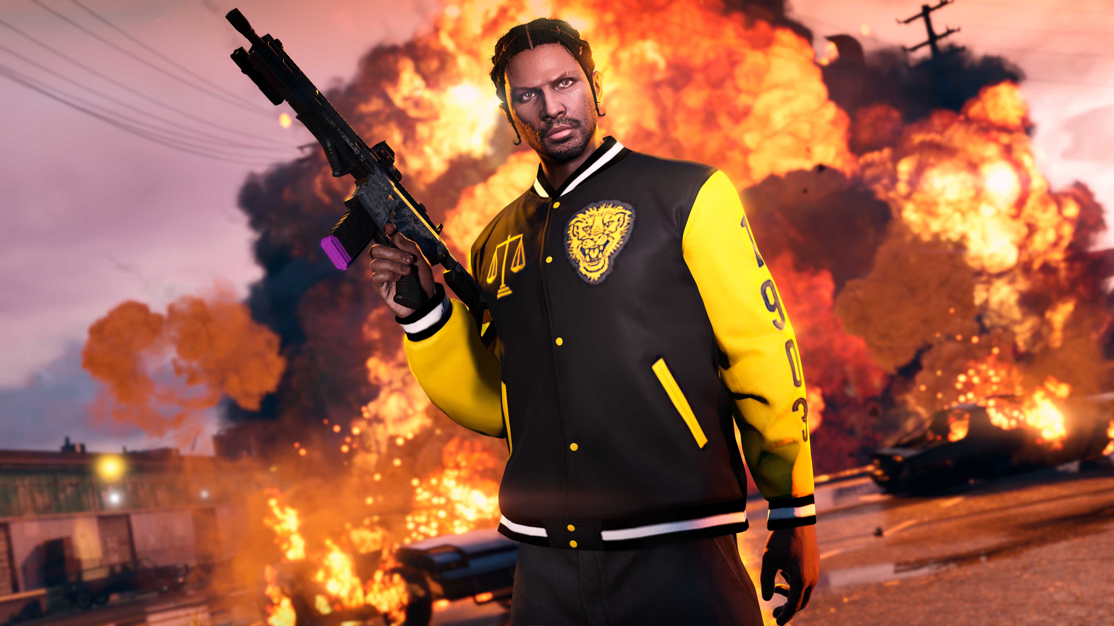 A character holding a gun, unfazed by the explosion behind while wearing the black and yellow Pacific Standard Varsity Jacket.