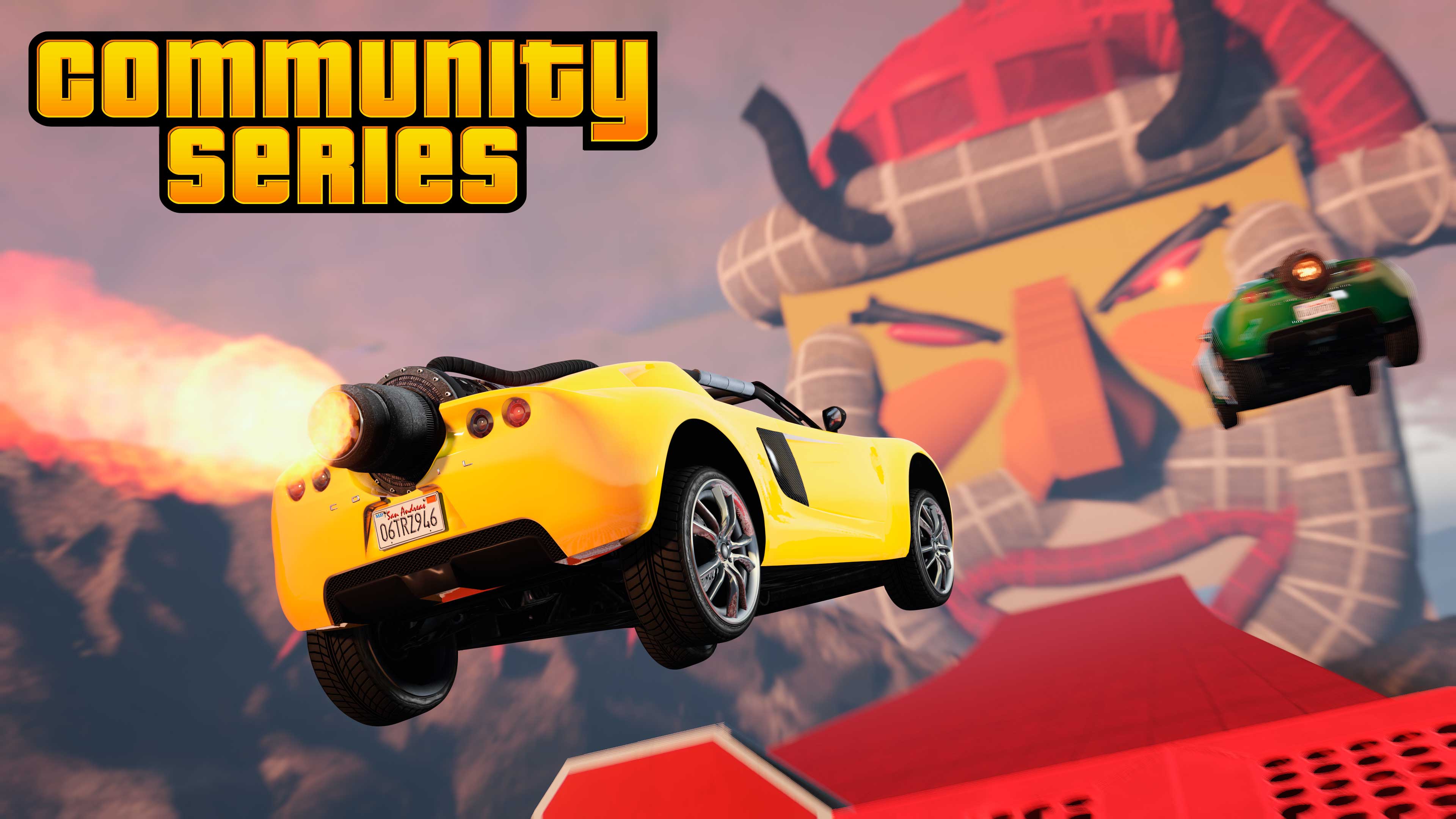 Community Series event poster with a yellow rocket propelled car racing on a red airborne track.