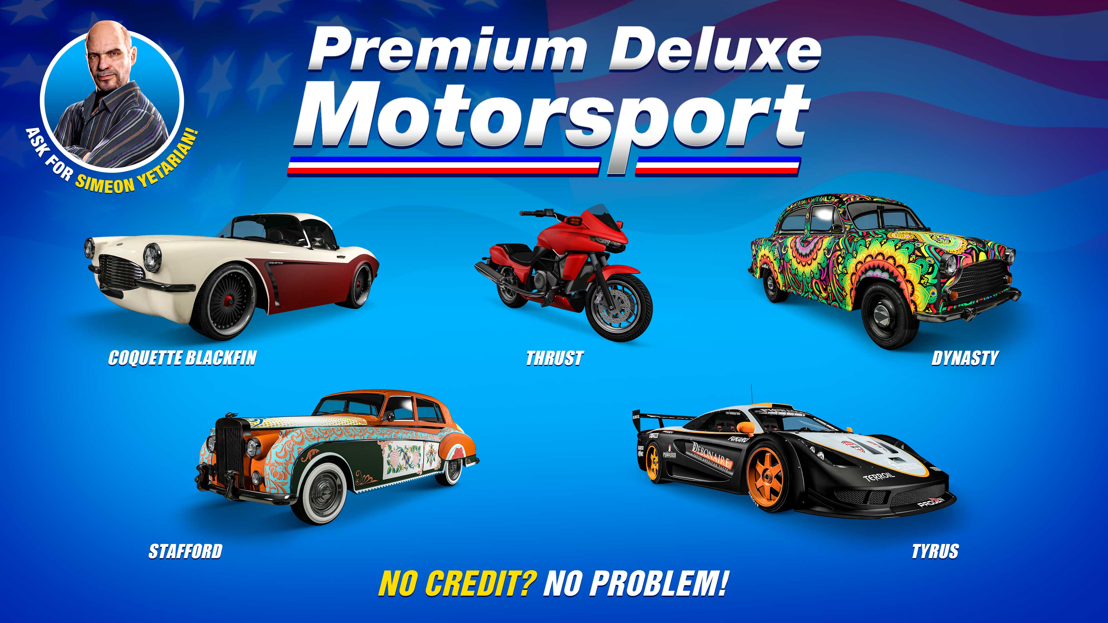 Premium Deluxe Motorsport poster for five vehicles: Invetero Coquette BlackFin, Dinka Thrust, Weeny Dynasty, Enus Stafford, Progen Tyrus.