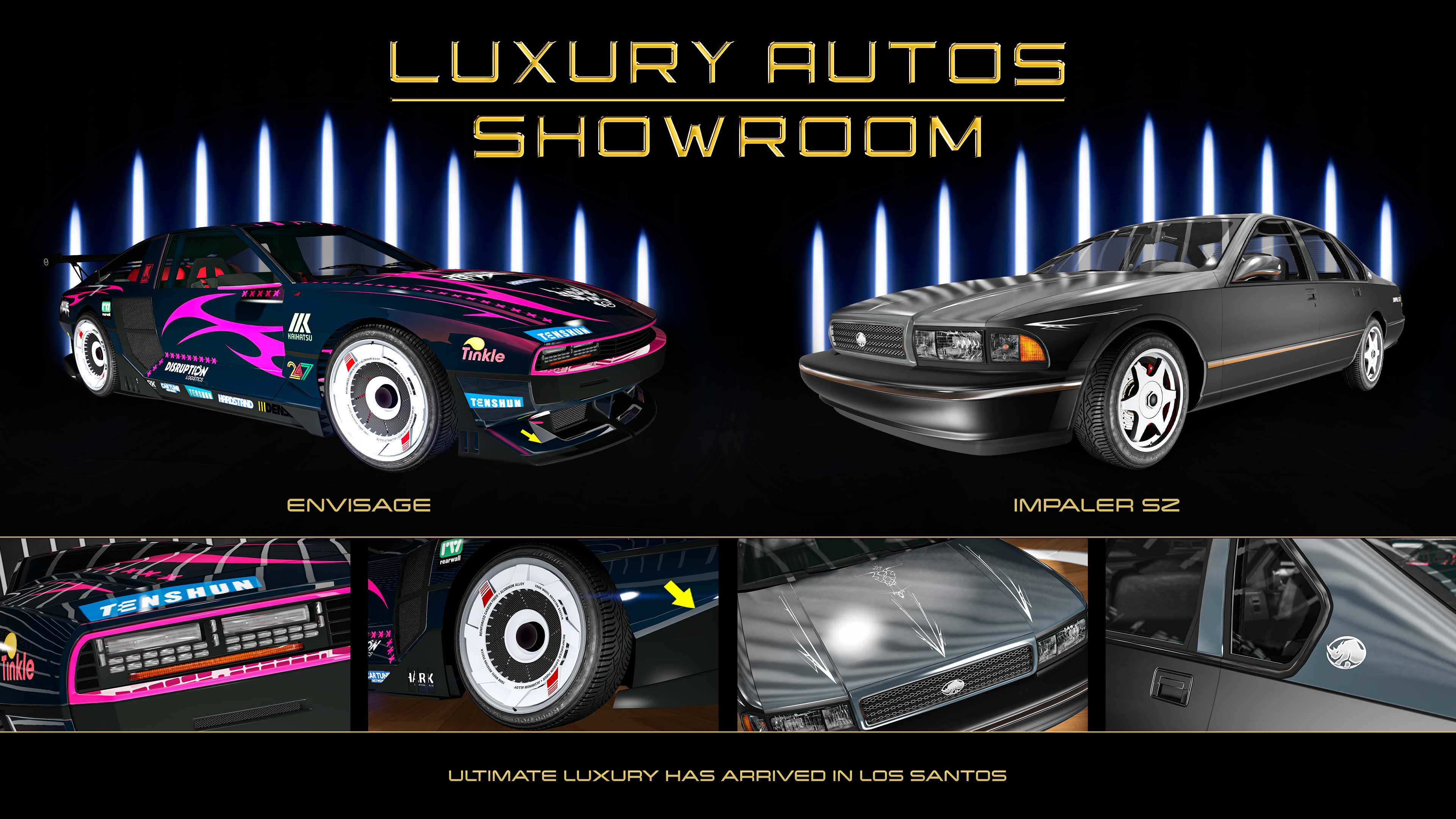 Luxury Autos Showroom poster. Left: A deep purple three-door Bollokan Envisage car with bright pink tribal decals. Right: A grey five-door Declasse Impaler SZ car.