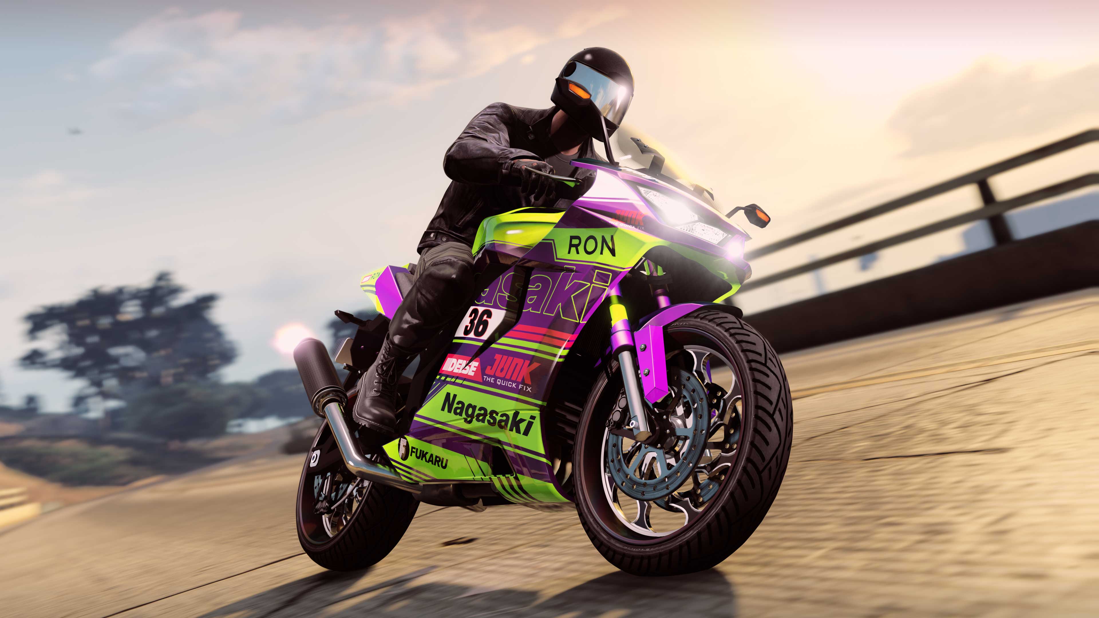 A Nagasaki Shinobi motorcycle with a purple and green Nagasaki branded livery being driven on a sun-kissed road. 