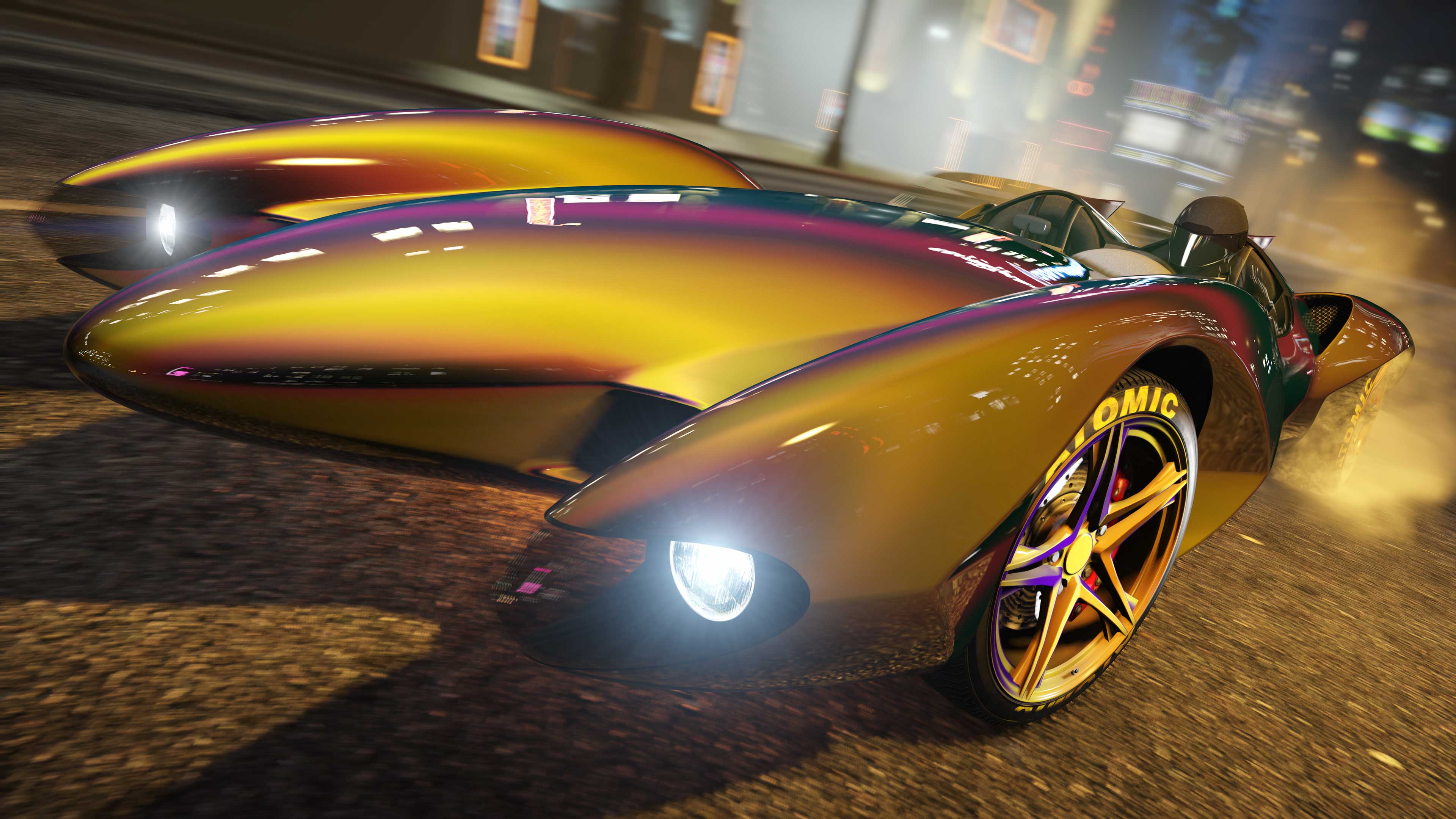 A Declasse Scramjet driving at night with the Green/Brown Flip Chameleon Paint and Orange/Blue Flip Chameleon Wheel Paint. 