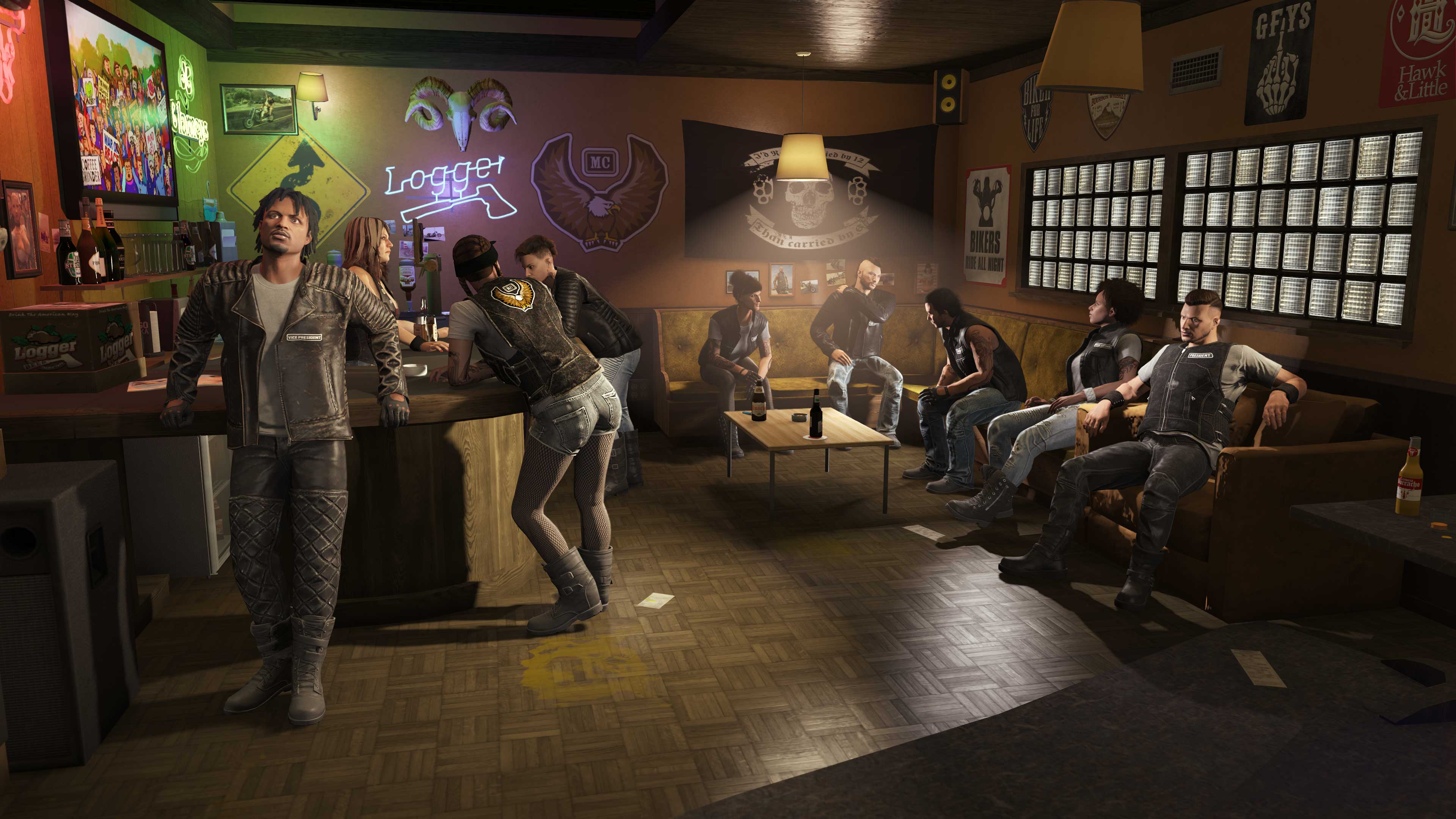 A Clubhouse is populated with players hanging out at and around the bar. 