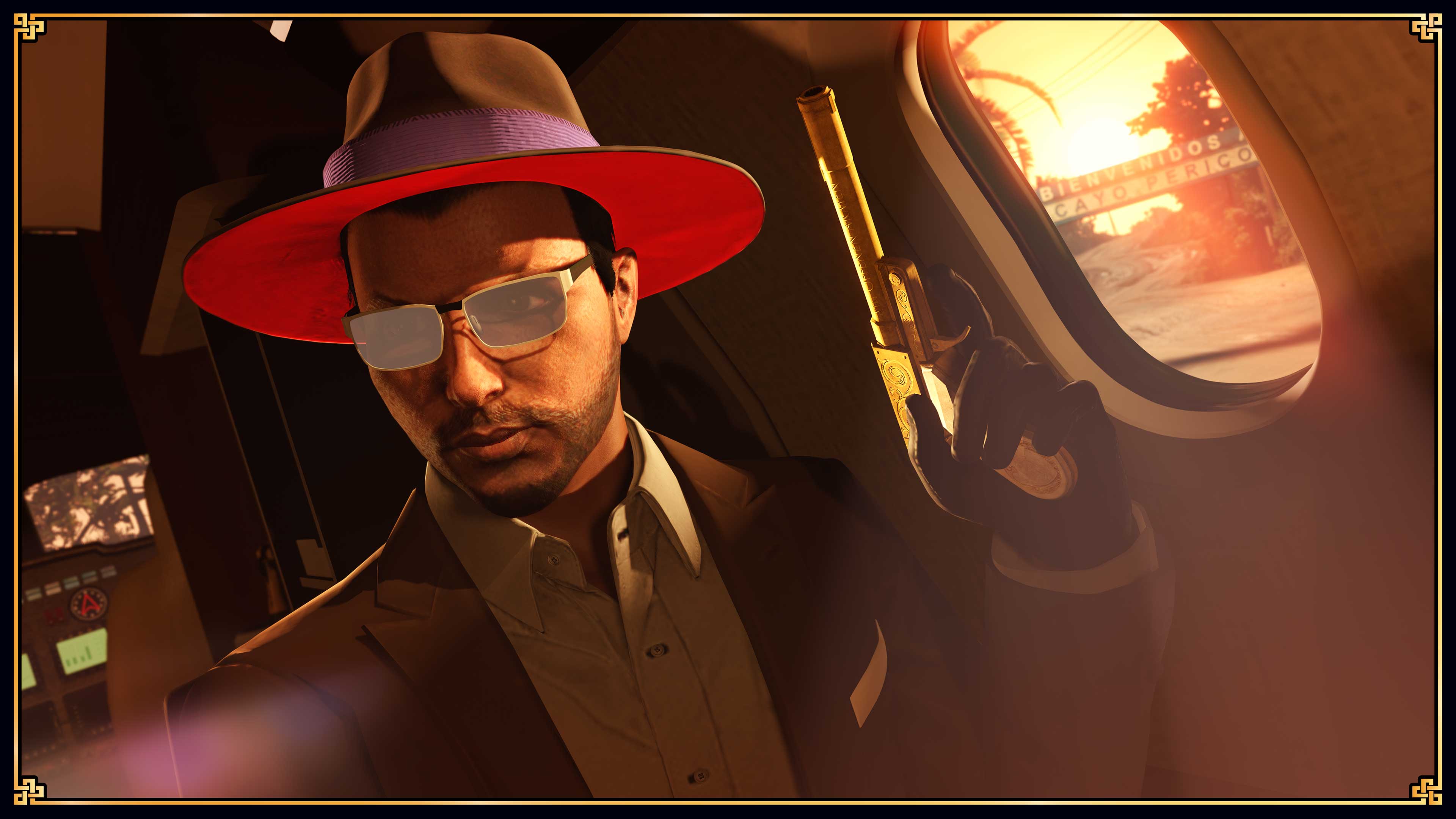 An armed character wears the black Strickler Hat with a red underbrim and purple hat band.