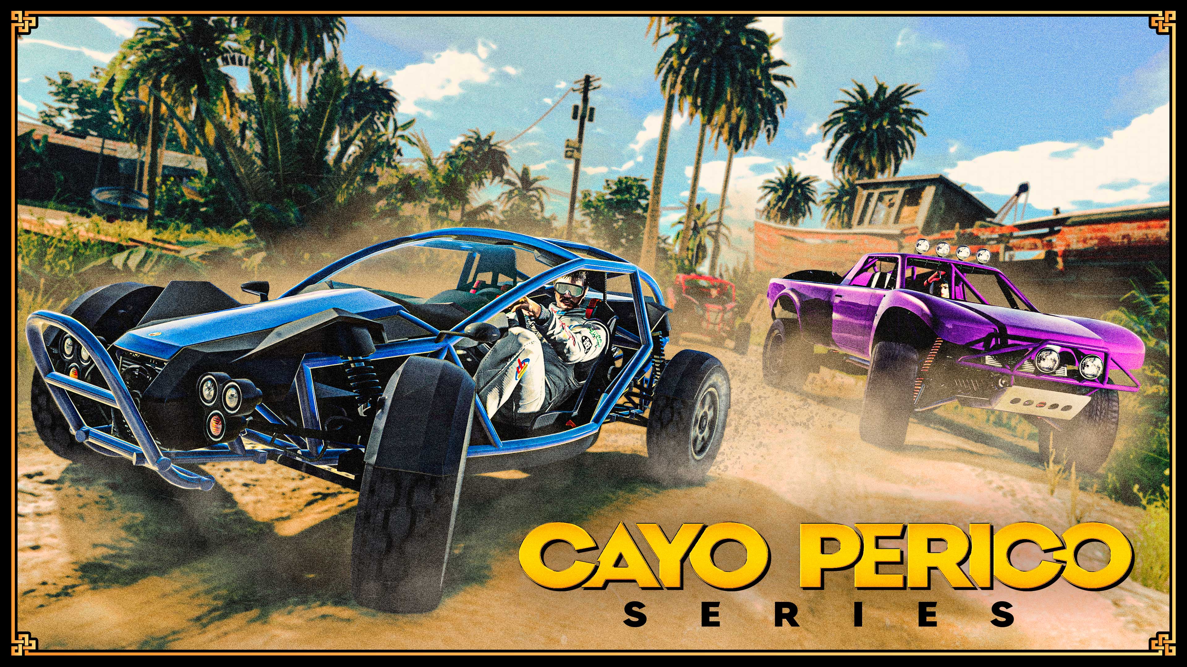 Cayo Perico Series poster with off-road vehicles racing.