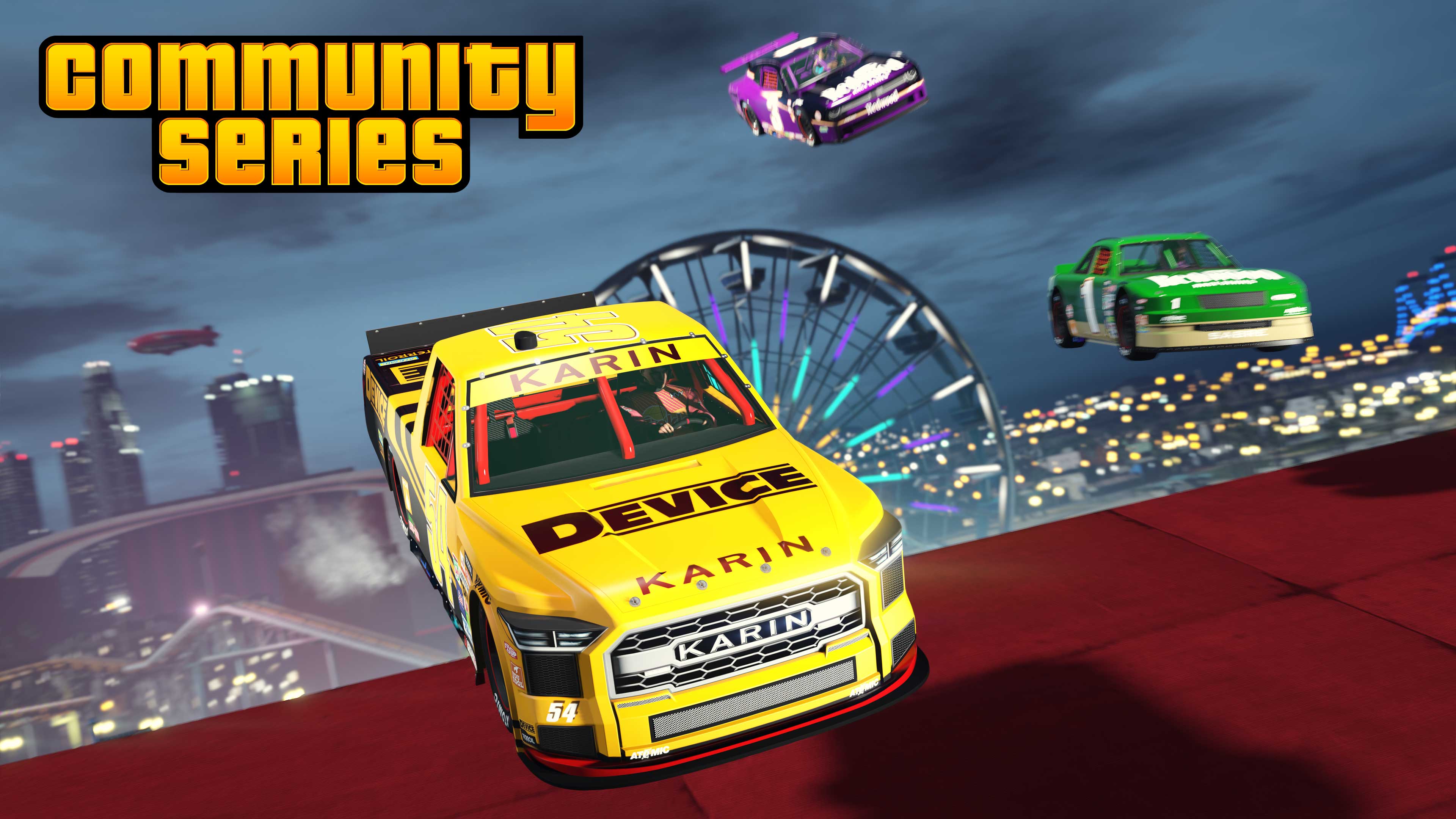 Community Series event poster with cars mid-air landing on a red track.