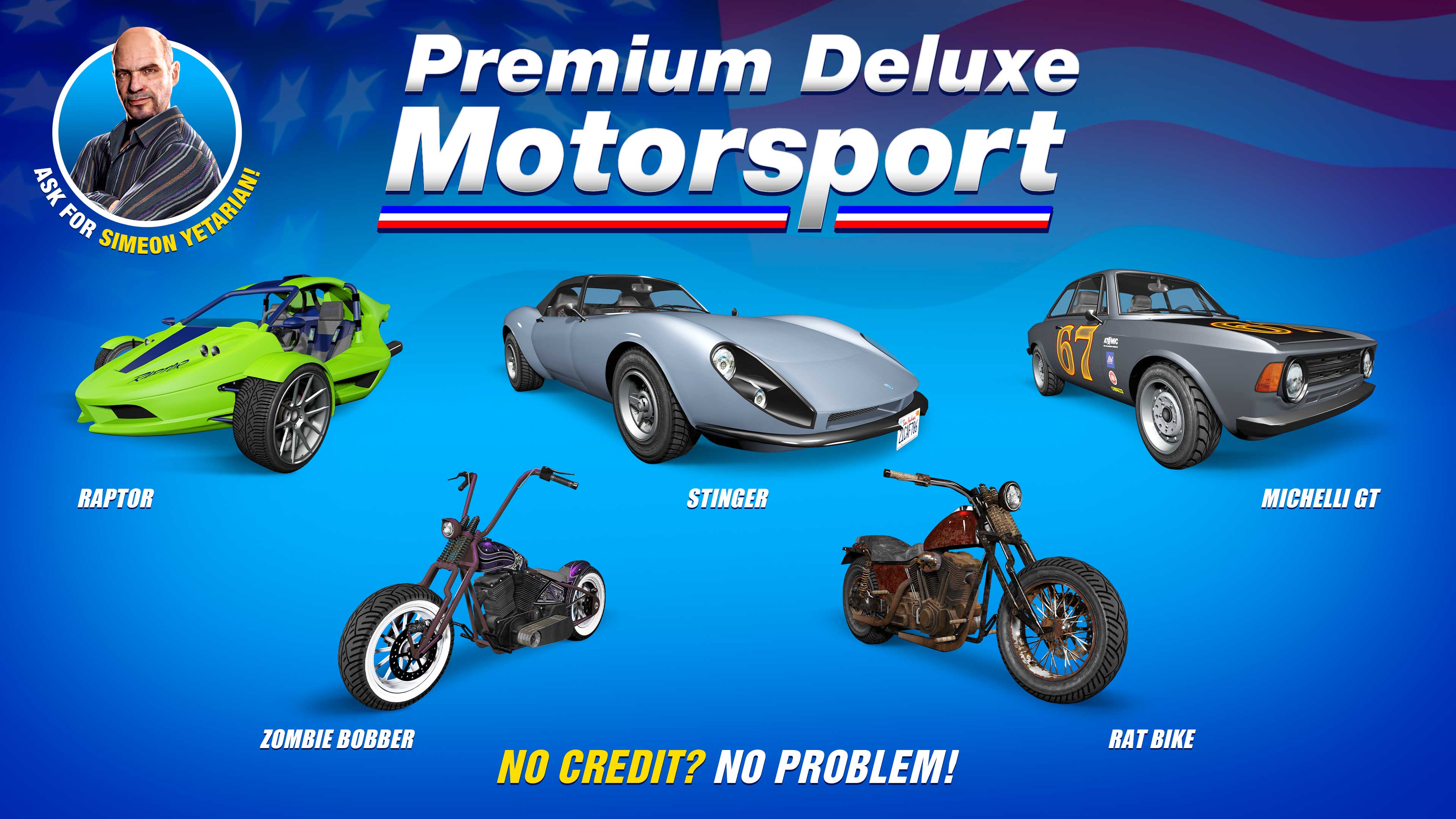 Premium Deluxe Motorsport poster for five vehicles: Lampadati Michelli GT, BF Raptor, Grotti Stinger, Western Rat Bike, and Western Zombie Bobber.