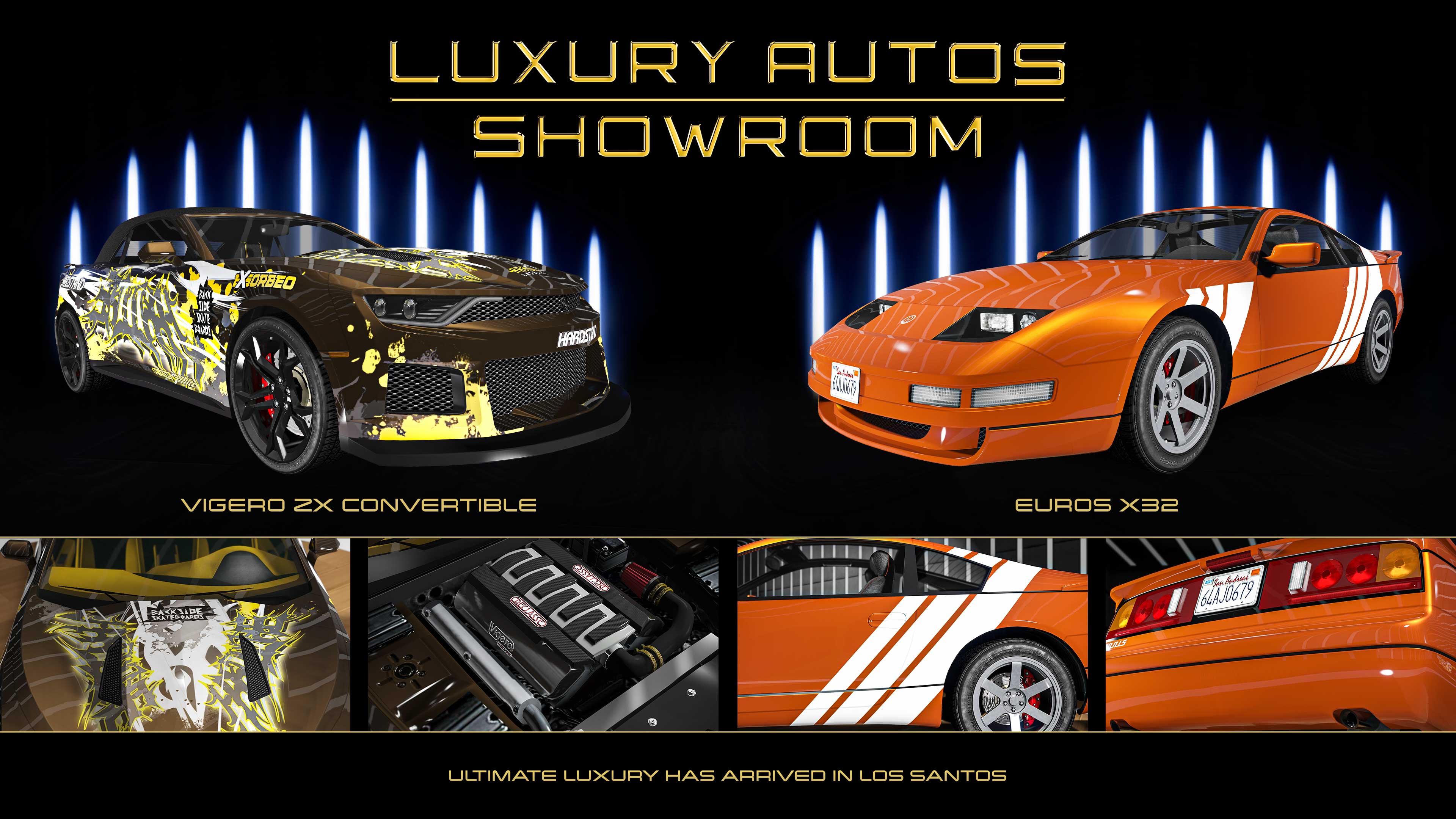 Luxury Autos Showroom poster. Left: A black Declasse Vigero ZX Convertible with an abstract yellow Exsorbeo livery. Right: An orange Annis Euros X32 car with thick white diagonal stripes on the side.