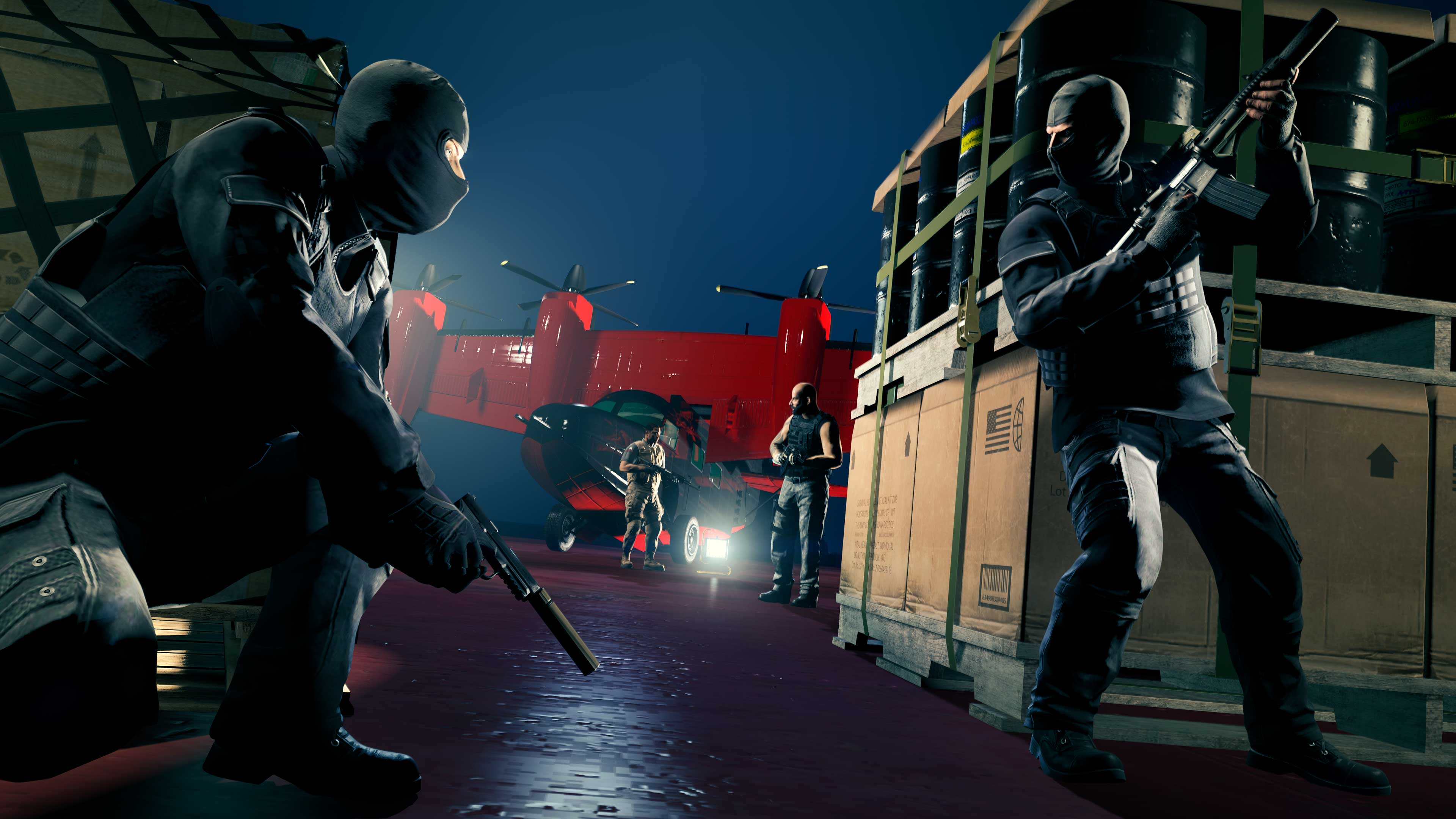Two armed masked characters hide as they look on at other armed characters guarding a red plane.