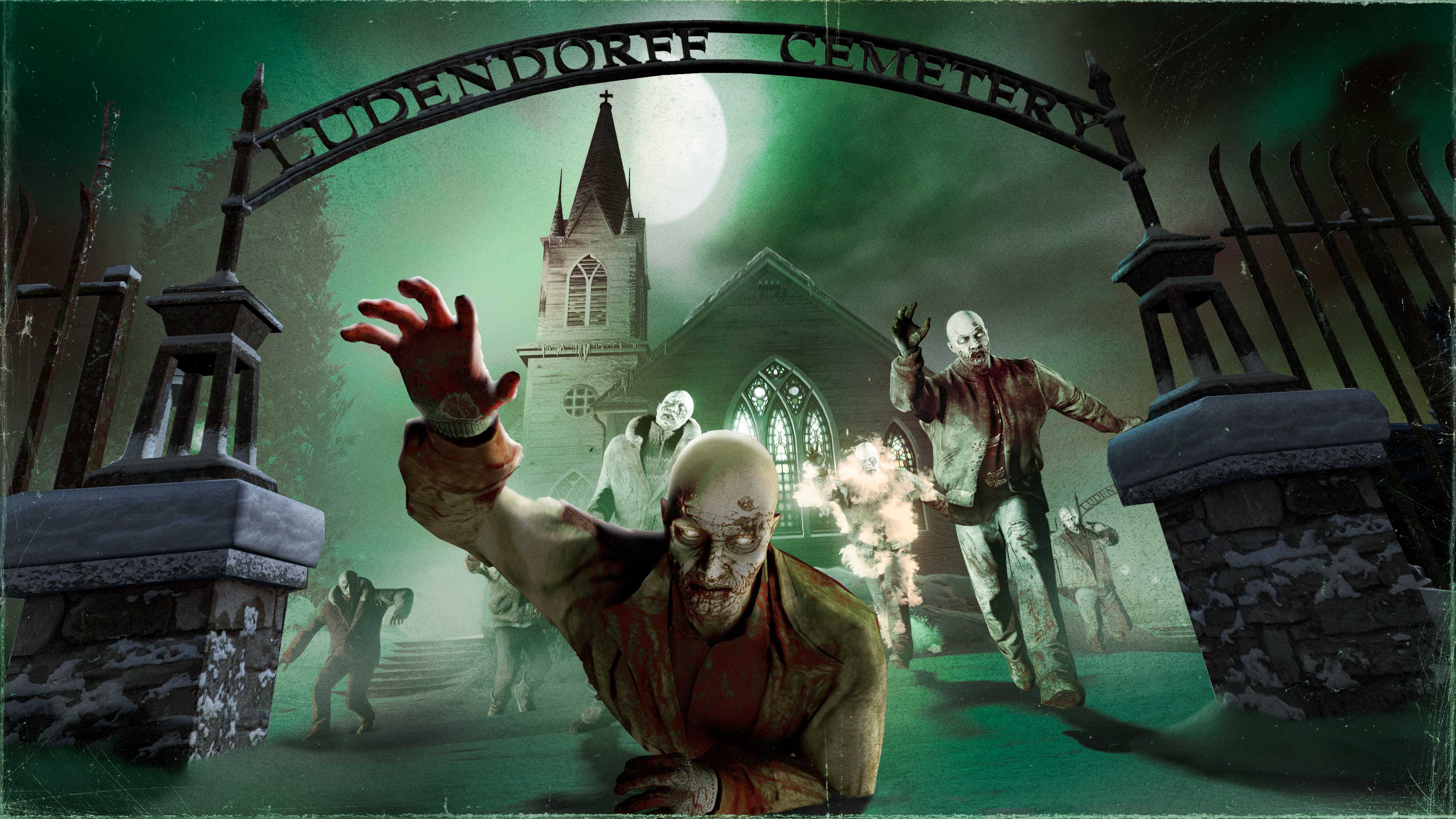 Various undead stagger out of the gates of Ludendorff Cemetery.
