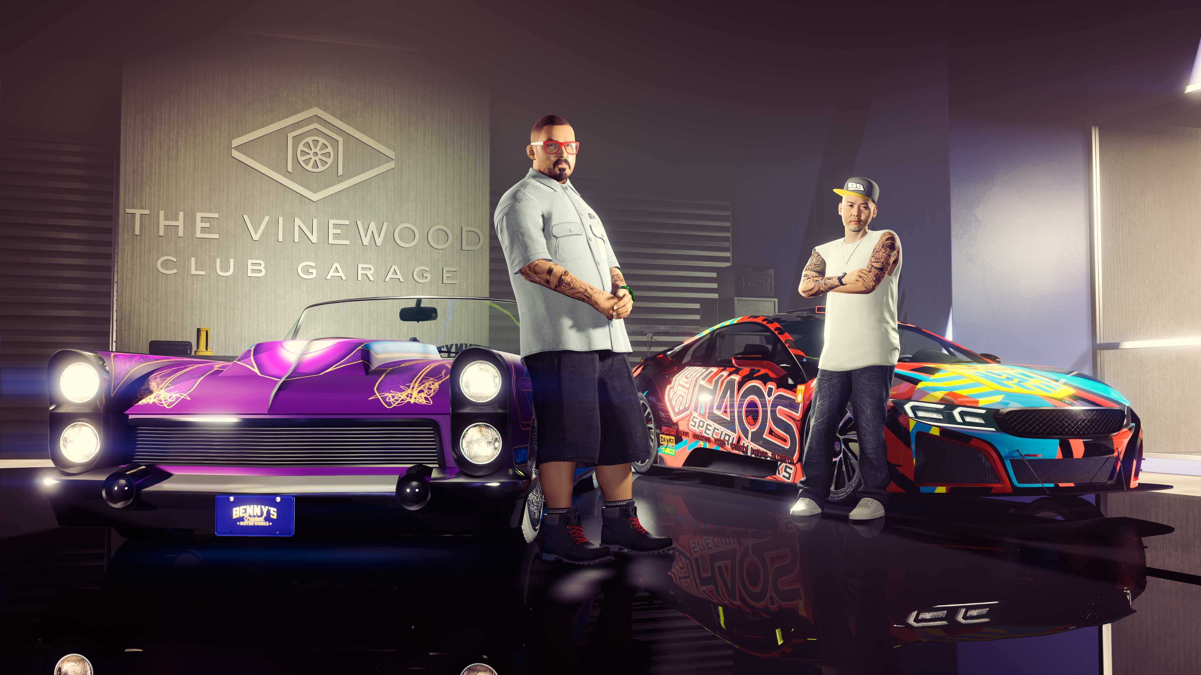Benny and Hao inside the Vinewood Club Garage stand near their modified vehicles.