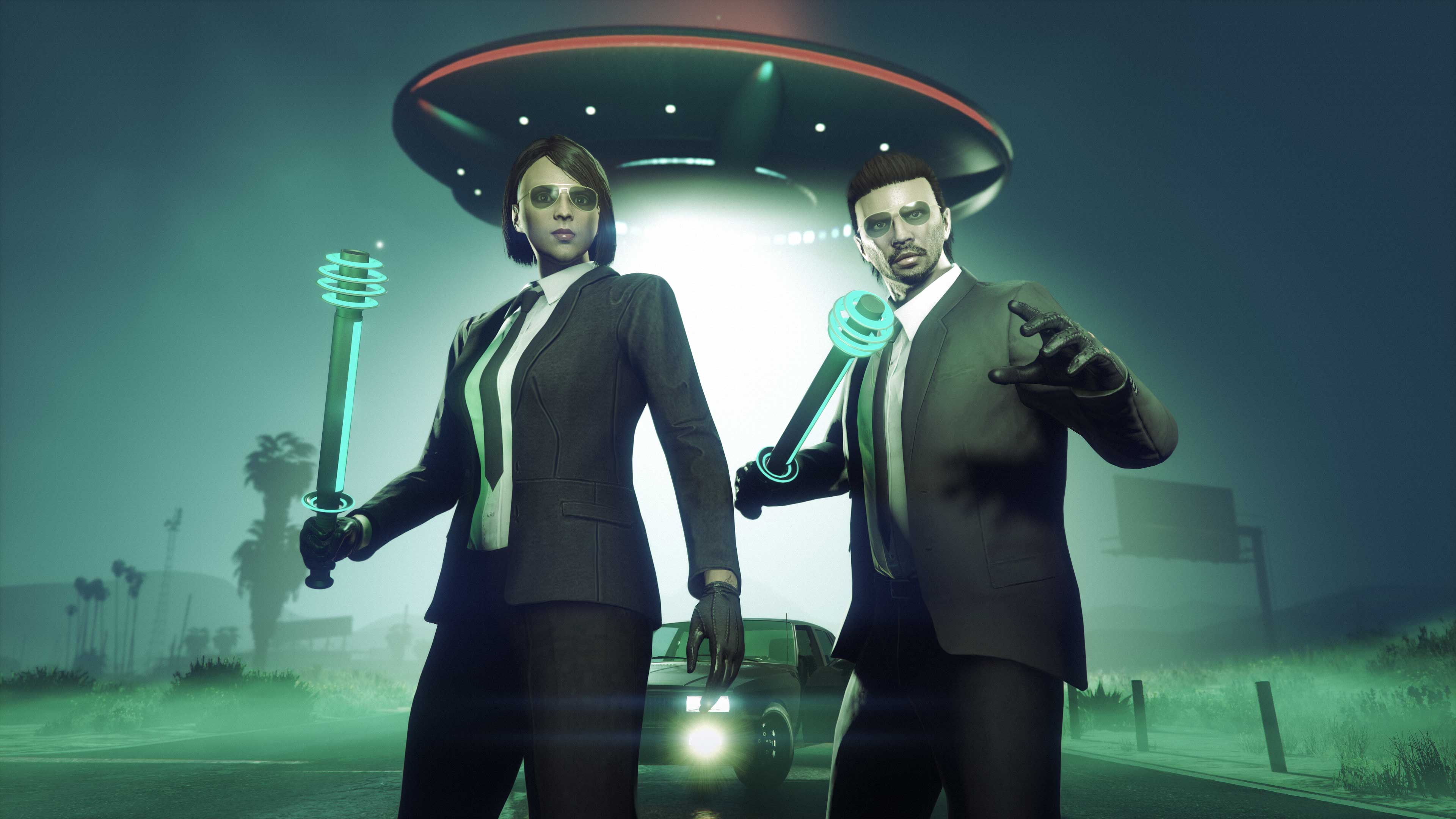 Two characters wearing suits wield The Shocker. A baton-like melee weapon with rings around the tip.