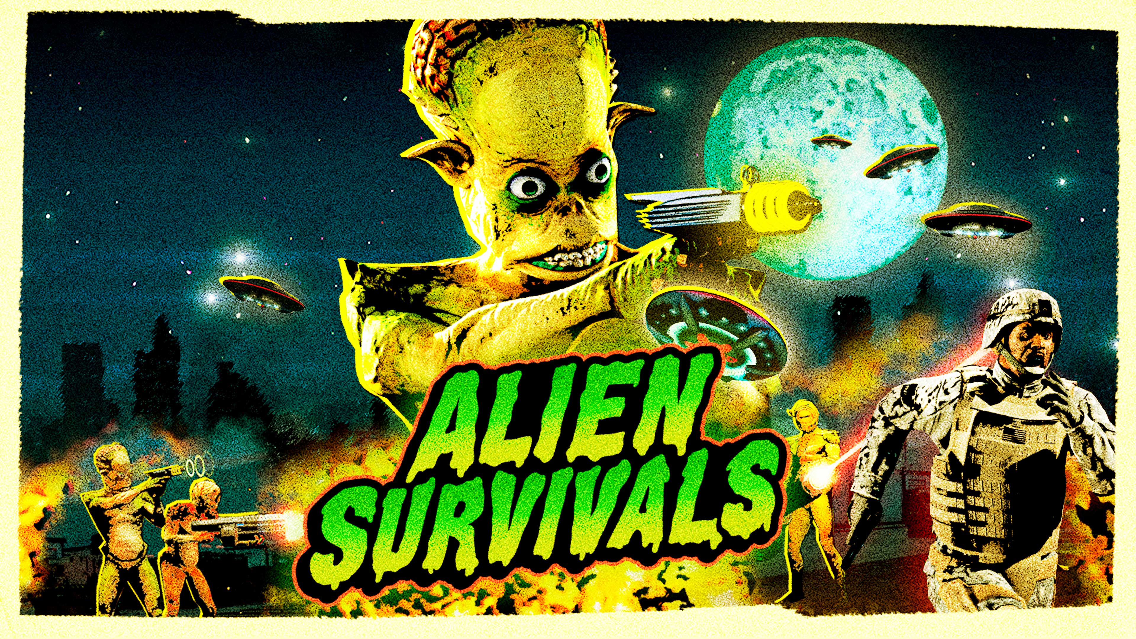 Alien Survivals event poster featuring bright yellow aliens shooting alien weapons. 