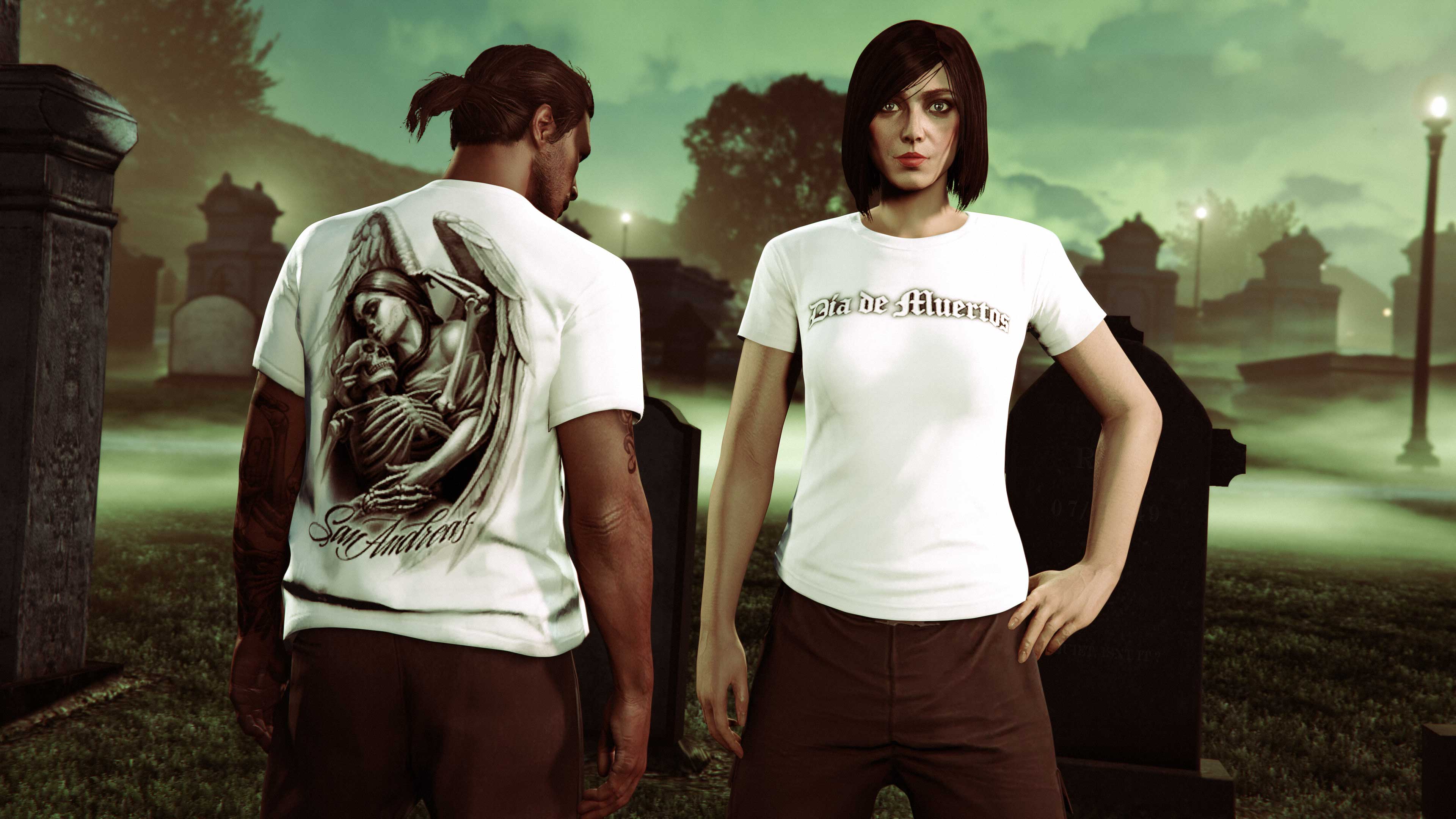 Two characters wearing the white Día de Muertos Tee featuring a graphic of a winged demon tenderly cradling a skeleton. 