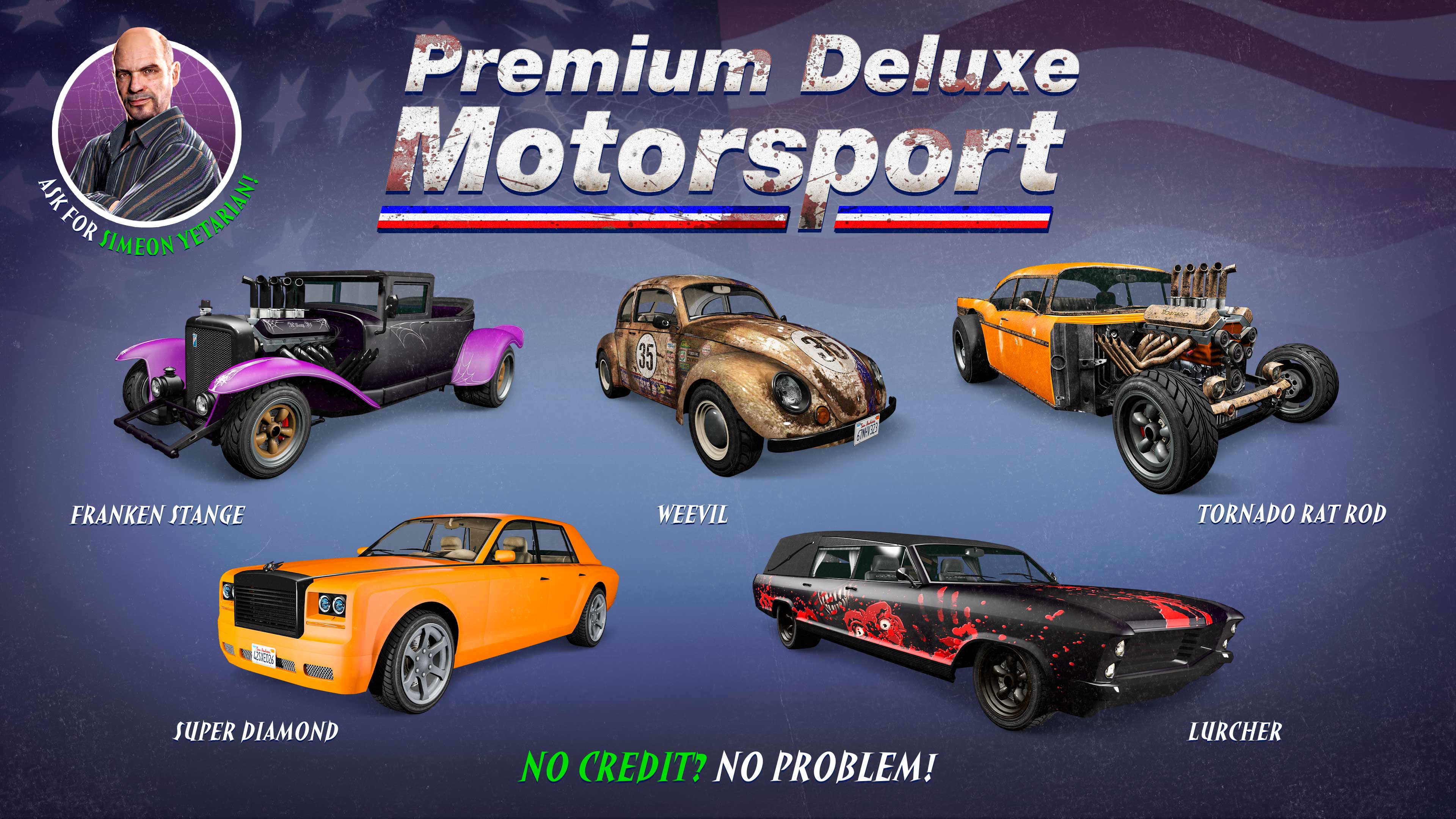 Premium Deluxe Motorsport poster for five vehicles: BF Weevil, Albany Lurcher, Albany Fränken Stange, Enus Super Diamond, and Declasse Tornado Rat Rod.