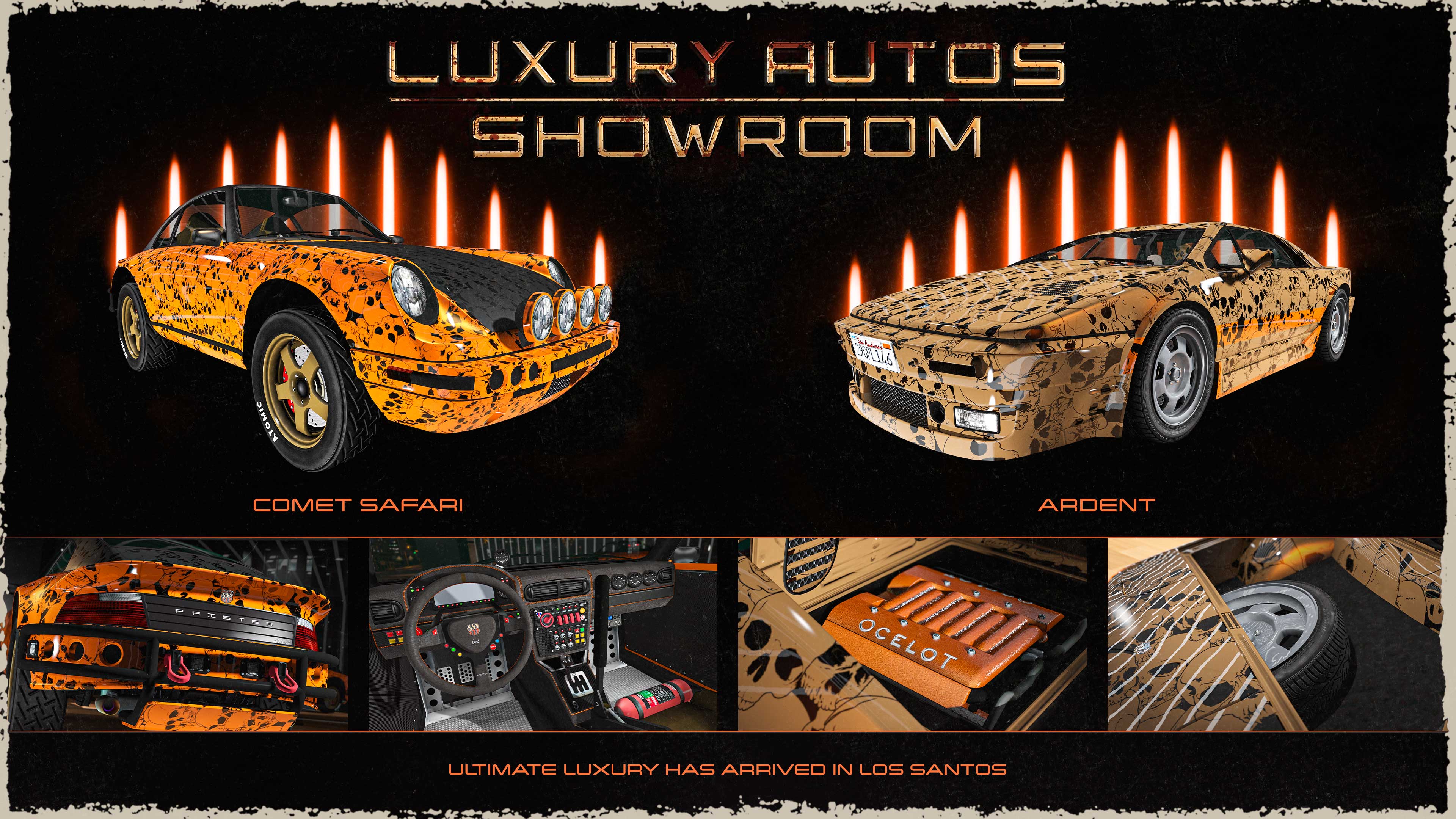 Luxury Autos Showroom poster. Left: An orange three-door Pfister Comet Safari car with the black skull livery and a black hood. Right: A beige three-door Ocelot Ardent with black skull livery and an orange stripe across the sides. 