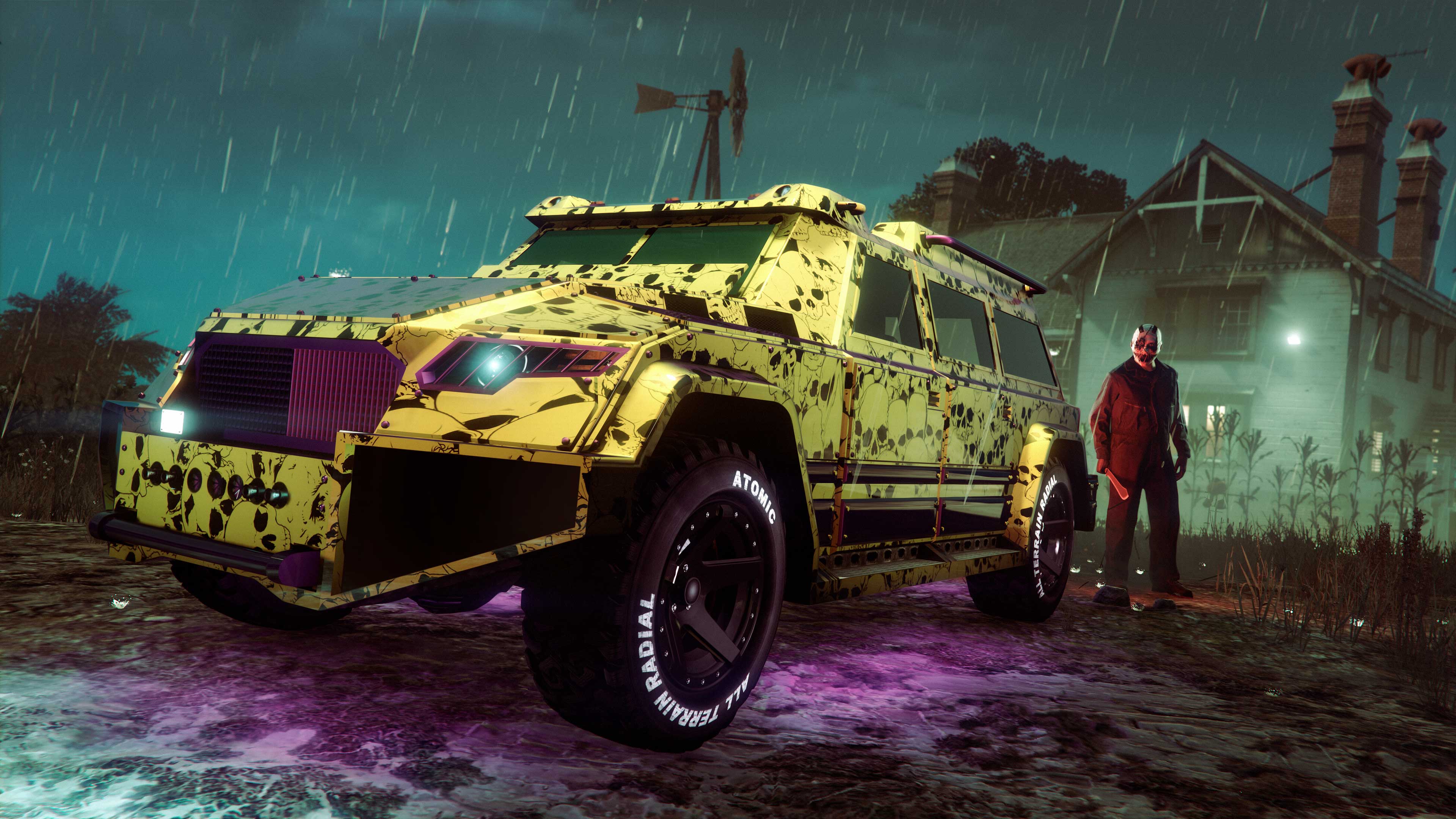 A weaponized four-door light yellow HVY Nightshark with the rare Skulls livery and a purple underglow. 