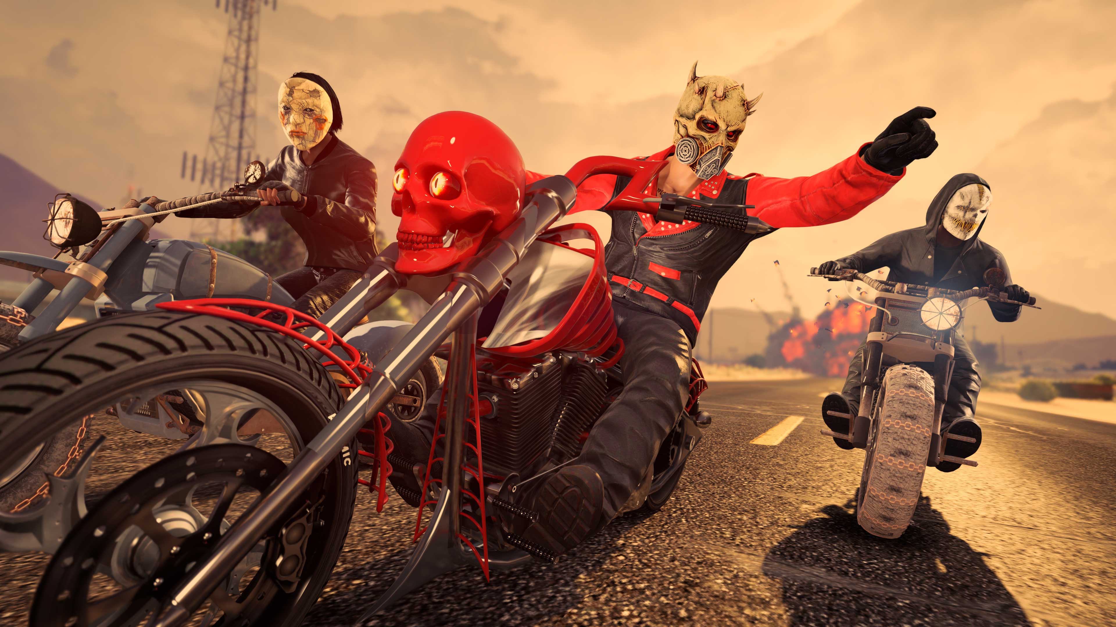 Three online characters ride cruiser motorcycles as they wear the Demon Biker Jacket, Blushed Cracked Puppet Mask, and Pale Stitched Mask.