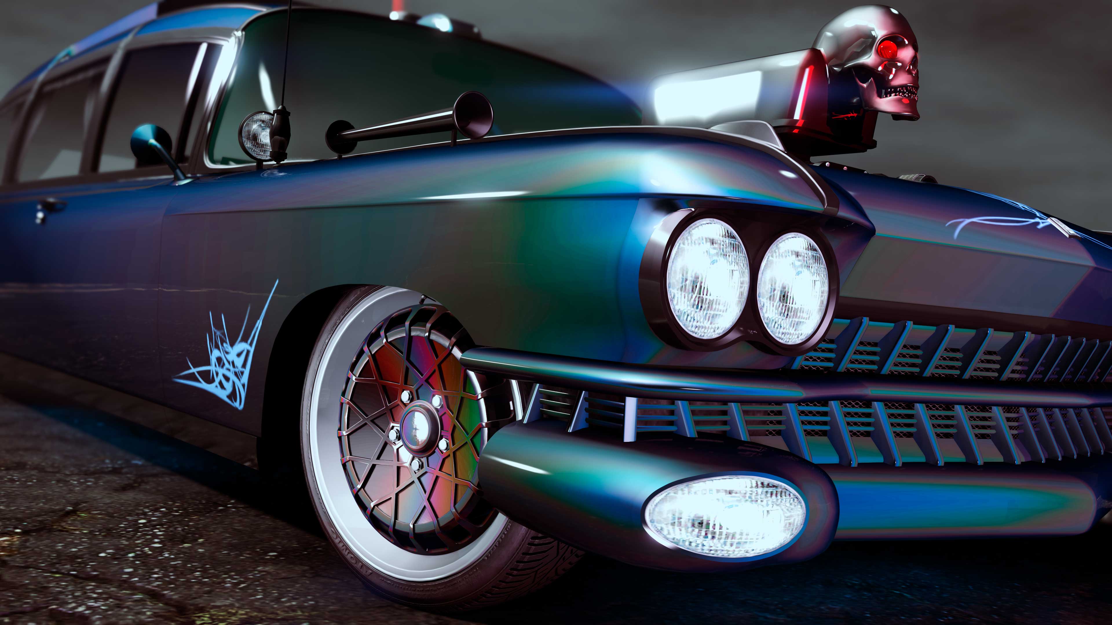 A car adorned with the Dark Teal Pearl Chameleon Paint and the Oil Slick Pearl Chameleon Wheel Paint featuring a skull displaying red eye sockets sitting on the car bonnet.