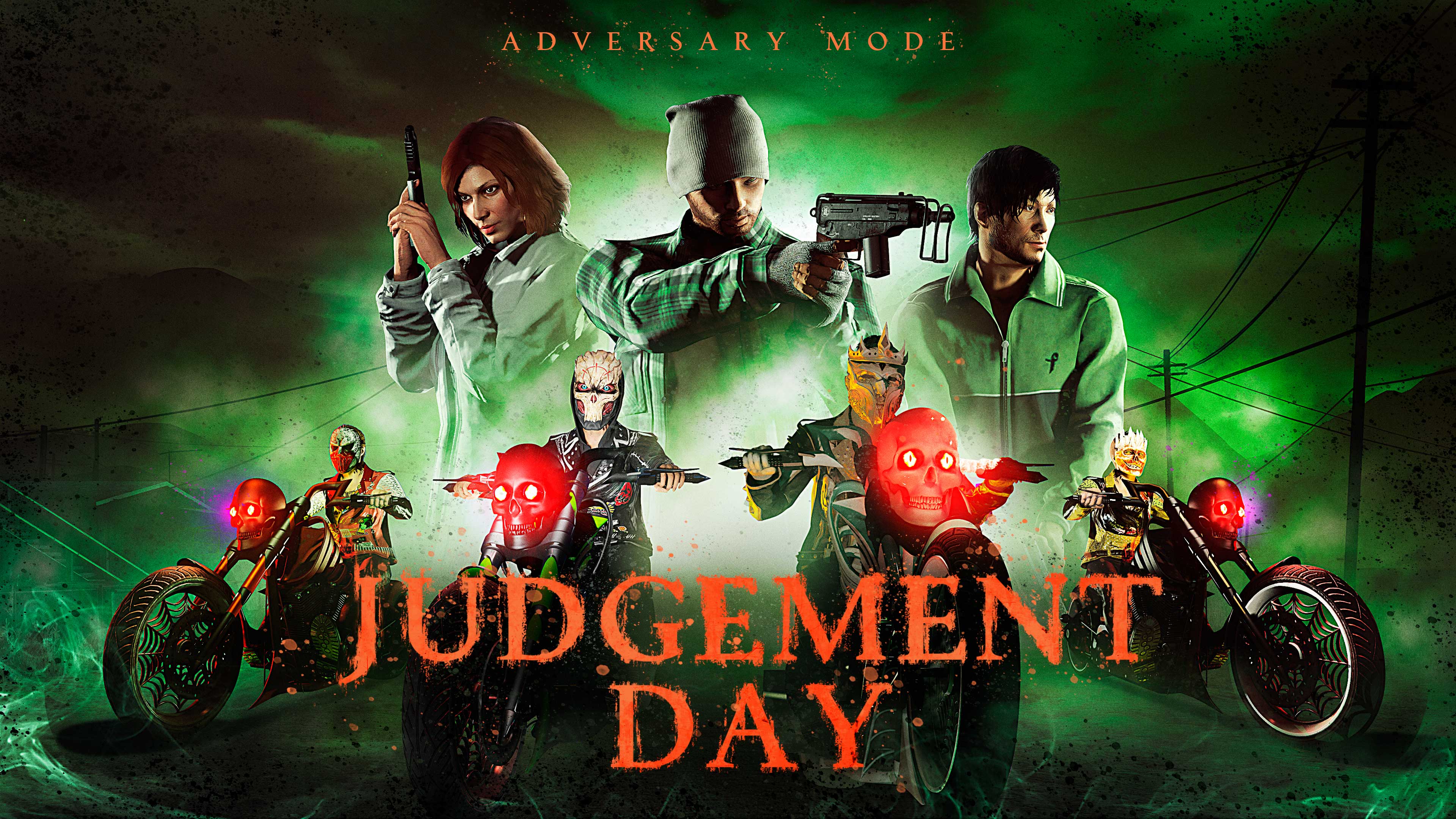 A montage of GTA Online characters riding cruiser motorcycles adorned with skulls with glowing eyes on the front. Above, armed GTA Online characters stand side by side.