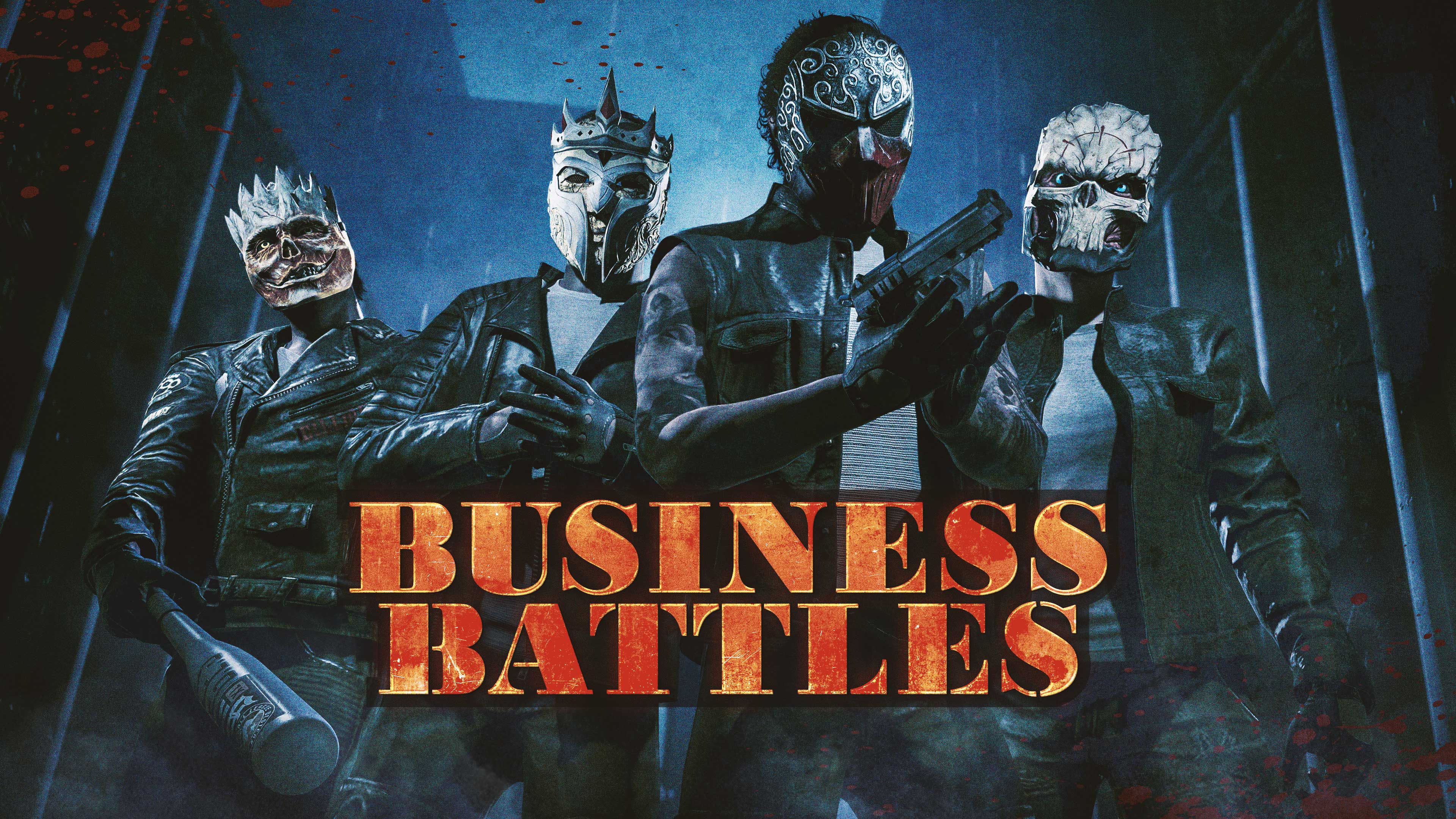 Four masked GTA Online characters hold weapons and wear leather jackets, white tops, and leather trousers.