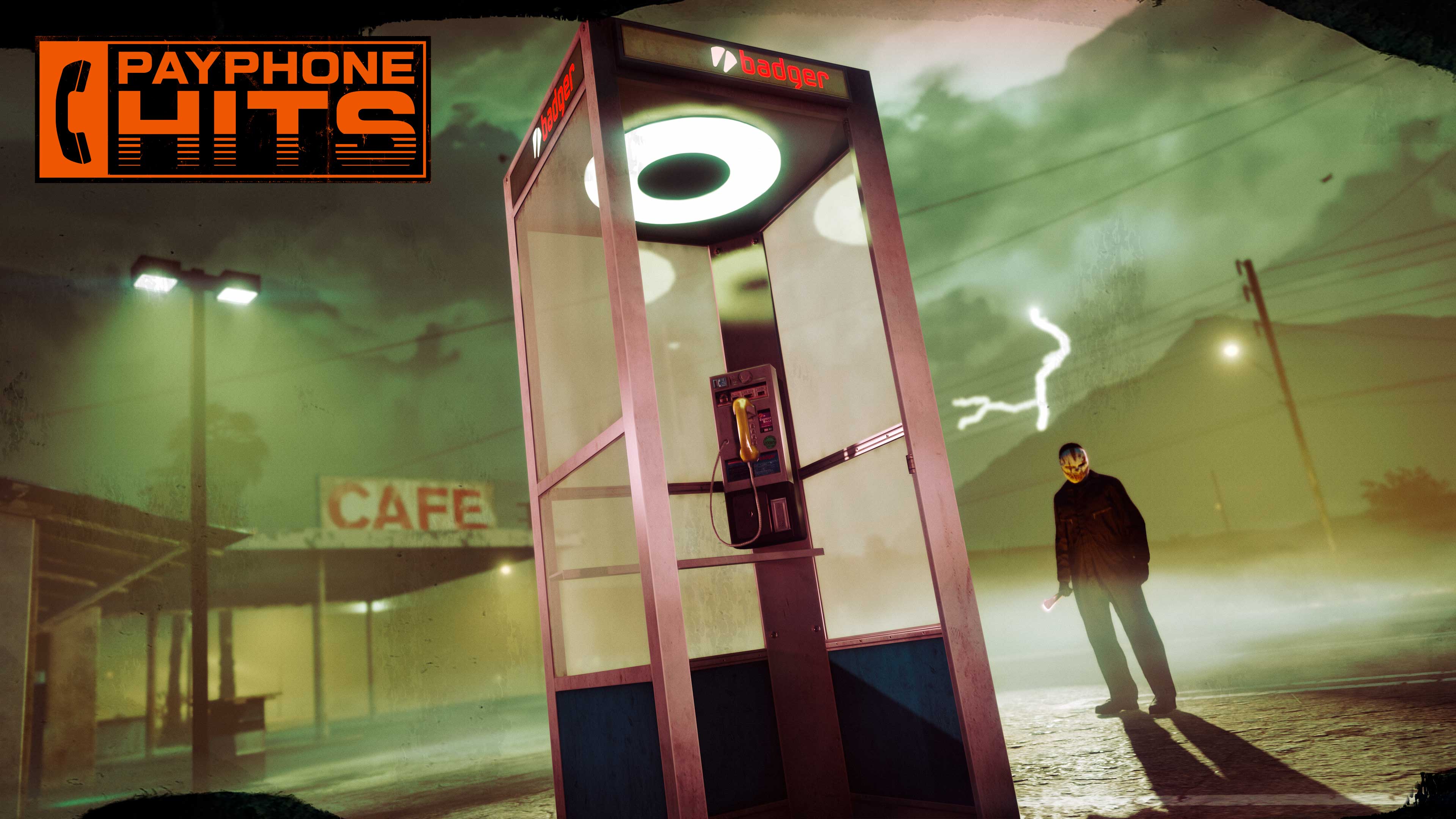 A masked GTA Online character holding a blade stands near a payphone, lit by eerie green lights and lightning.