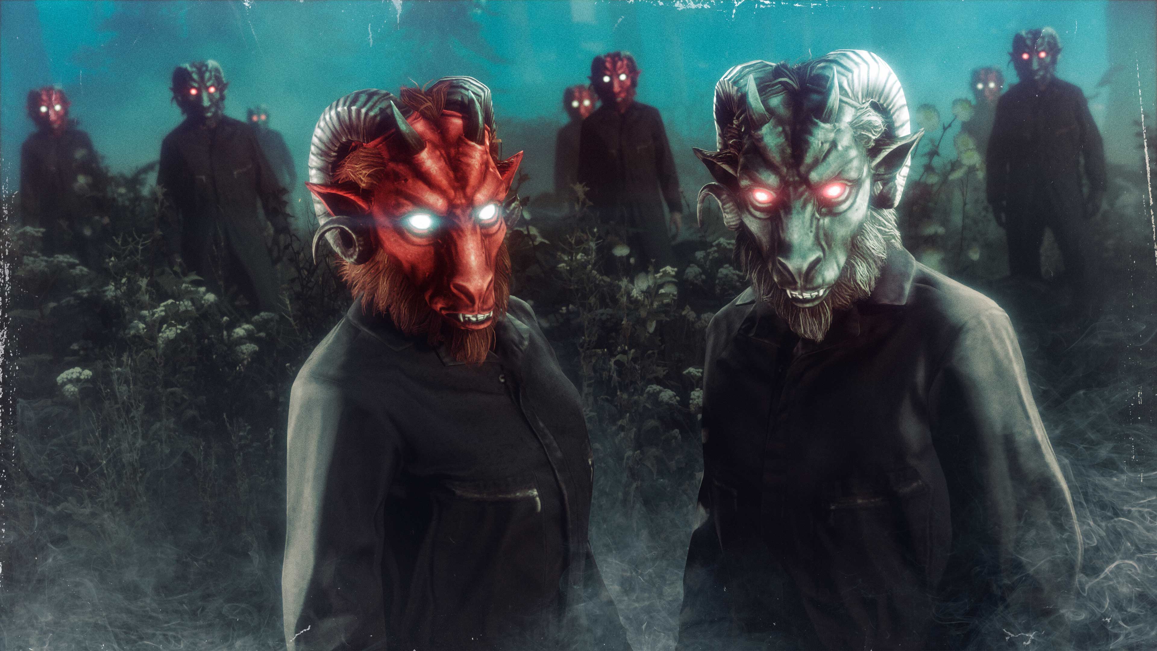 Two characters stand side by side, one wearing the Black Demon Goat Mask and the other the Red Demon Goat Mask. Others wearing the same stand in the background ominously in bushes amongst the fog. 