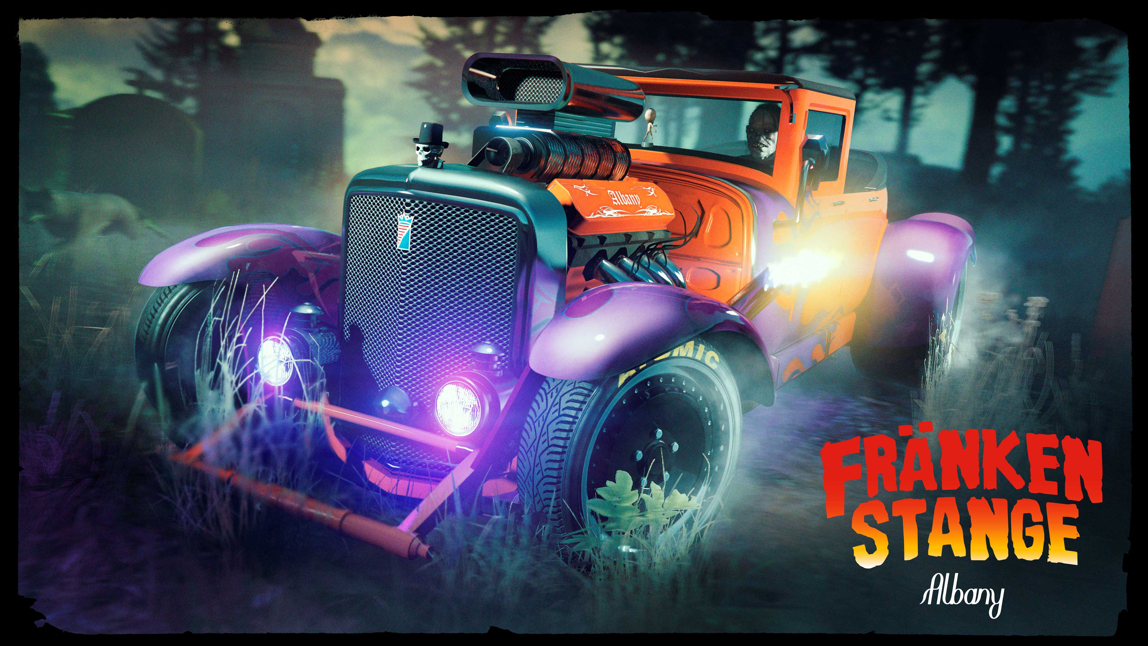 The Albany Fränken Stange modified car with vibrant orange and purple paint speeds through a moonlit wooded area.