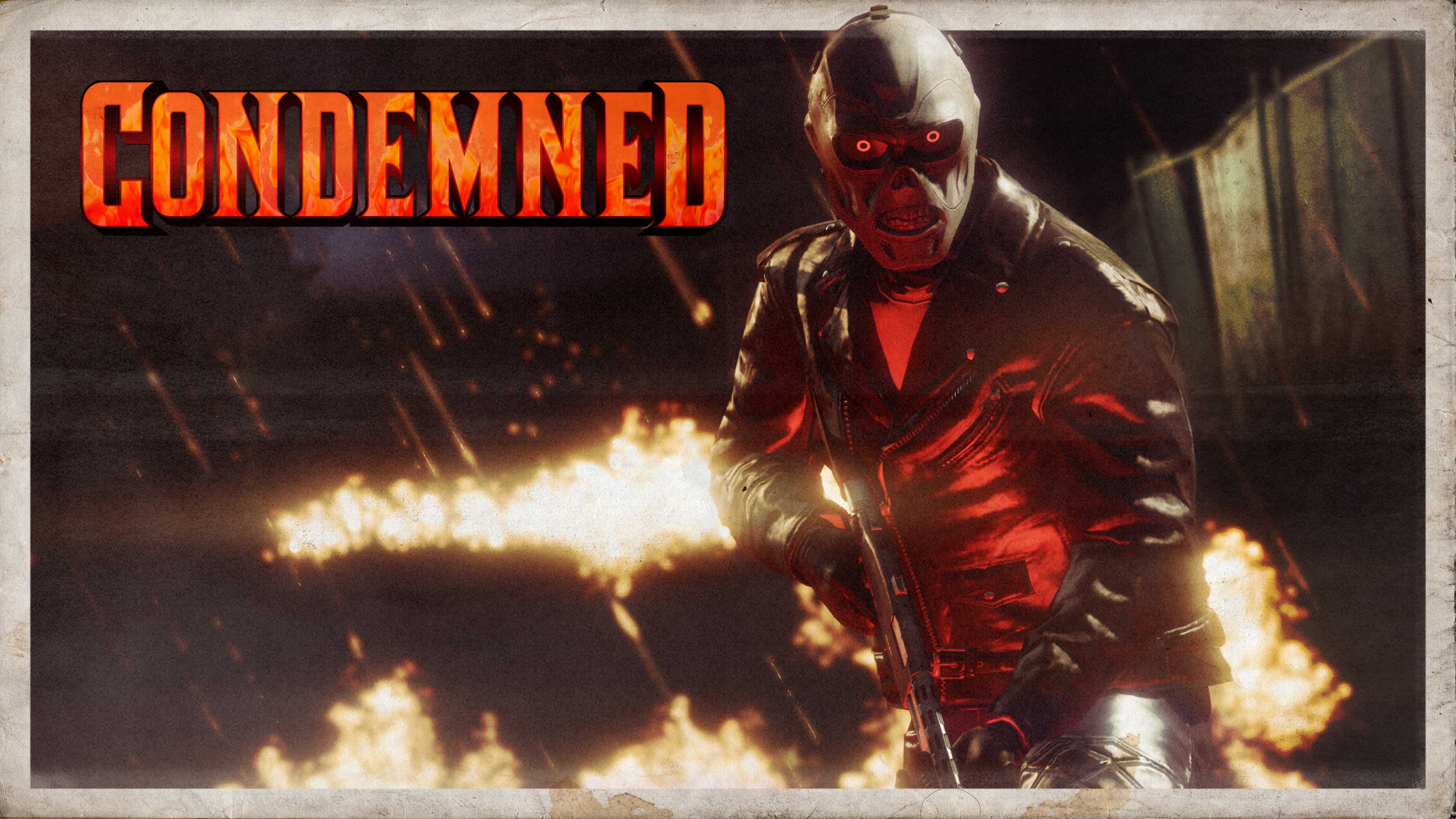Condemned poster with a masked character in leathers, holding a rifle while surrounded by flames.