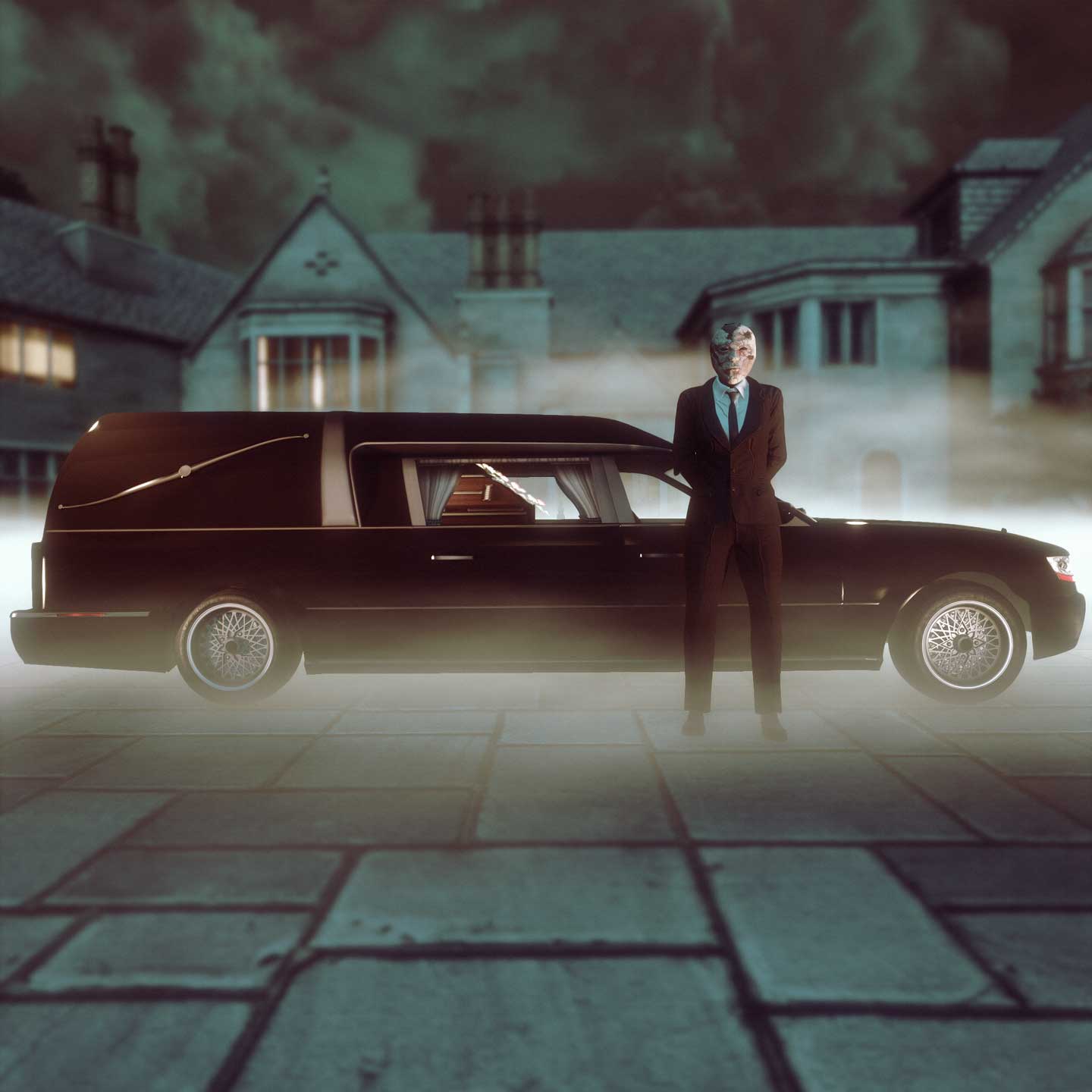 A black Chariot Romero Hearse shrouded by mist as a masked character in a suit stands beside it. 