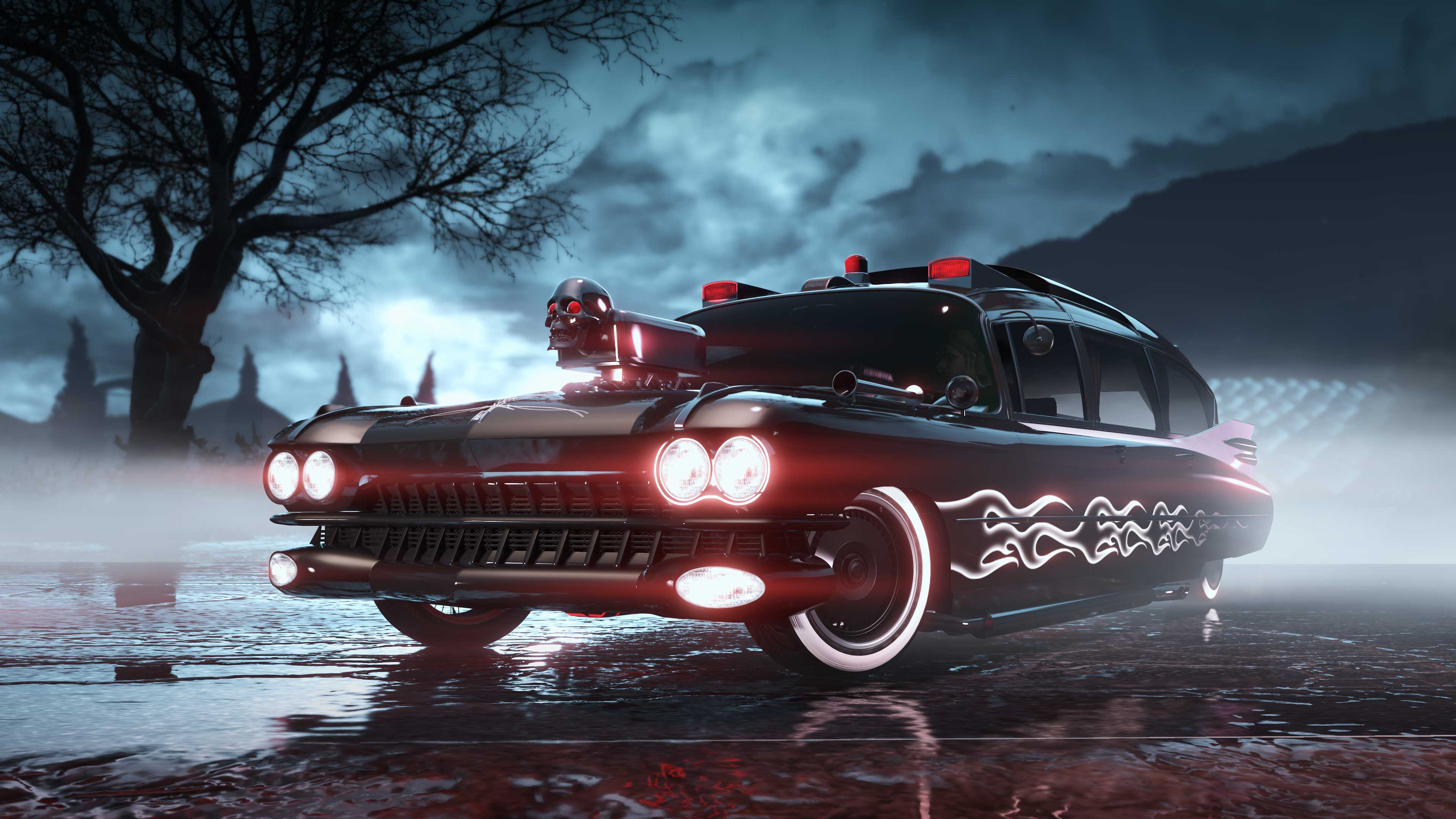 A deep red, modified Albany Brigham car with white wavy liveries on the sides on a wet road under a cloudy night sky.