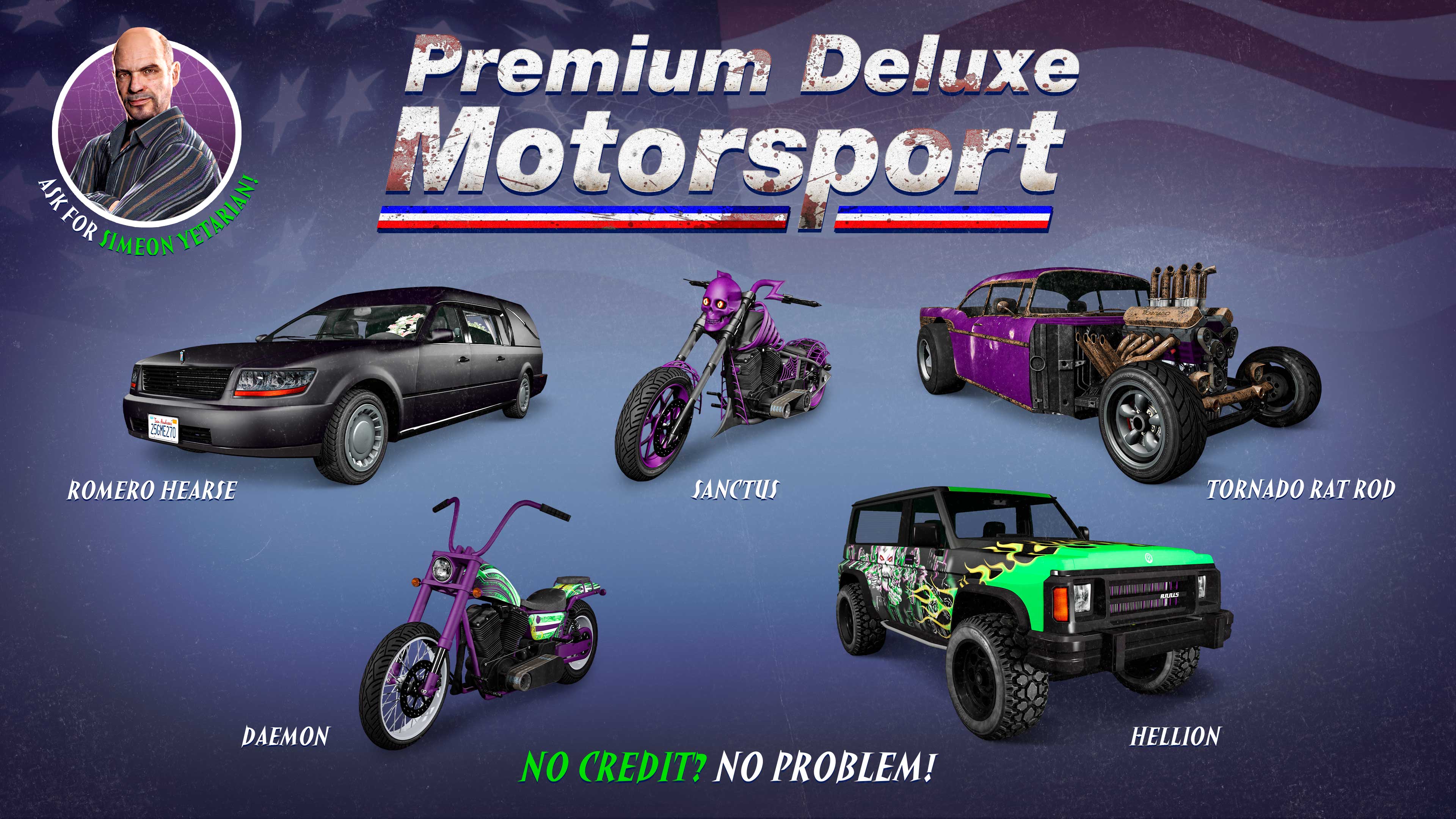 Premium Deluxe Motorsport poster for five vehicles: Annis Hellion, Western Daemon, LCC Sanctus, Chariot Romero Hearse, and Declasse Tornado Rat Rod.