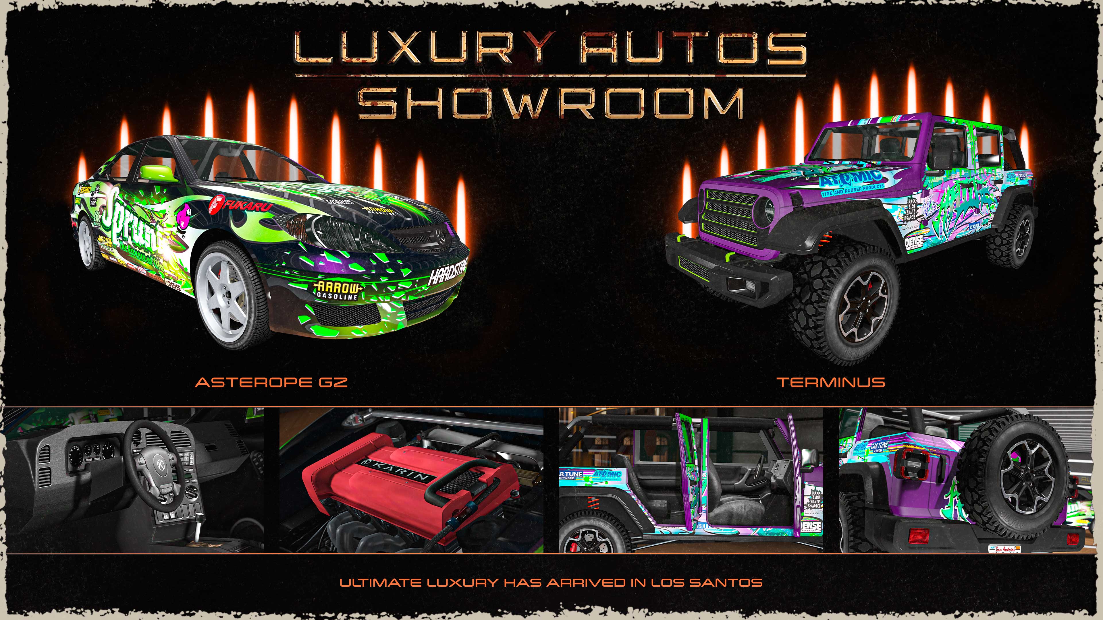 Luxury Autos Showroom poster. Left: A four-door pearlescent purple Karin Asterope GZ car with a green Sprunk livery. Right: A purple four-door Canis Terminus with a pastel green and purple graffiti livery.
