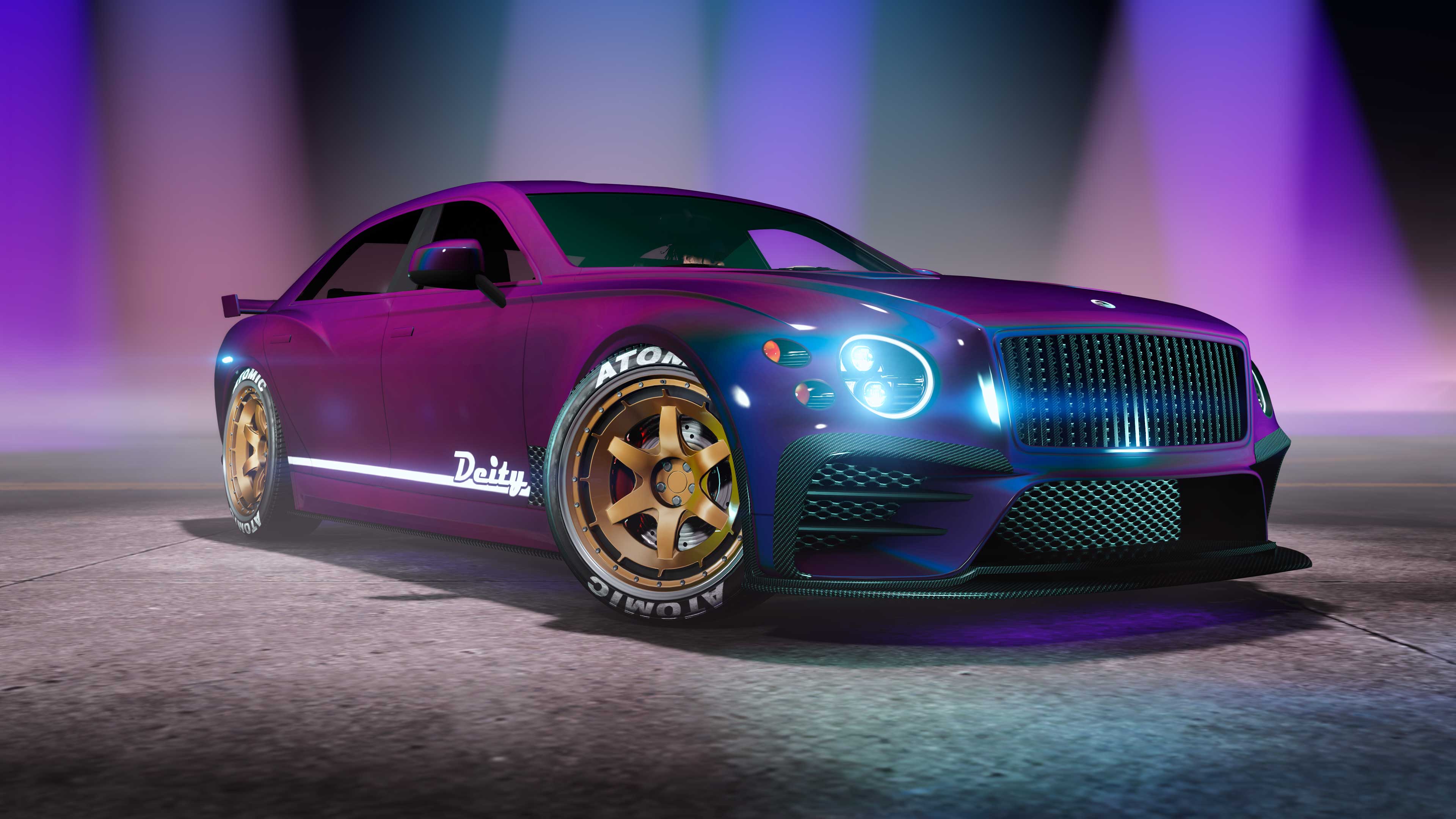 A three-door Enus Deity car with a deep purple paint with a slight green pearlescent shimmer. 