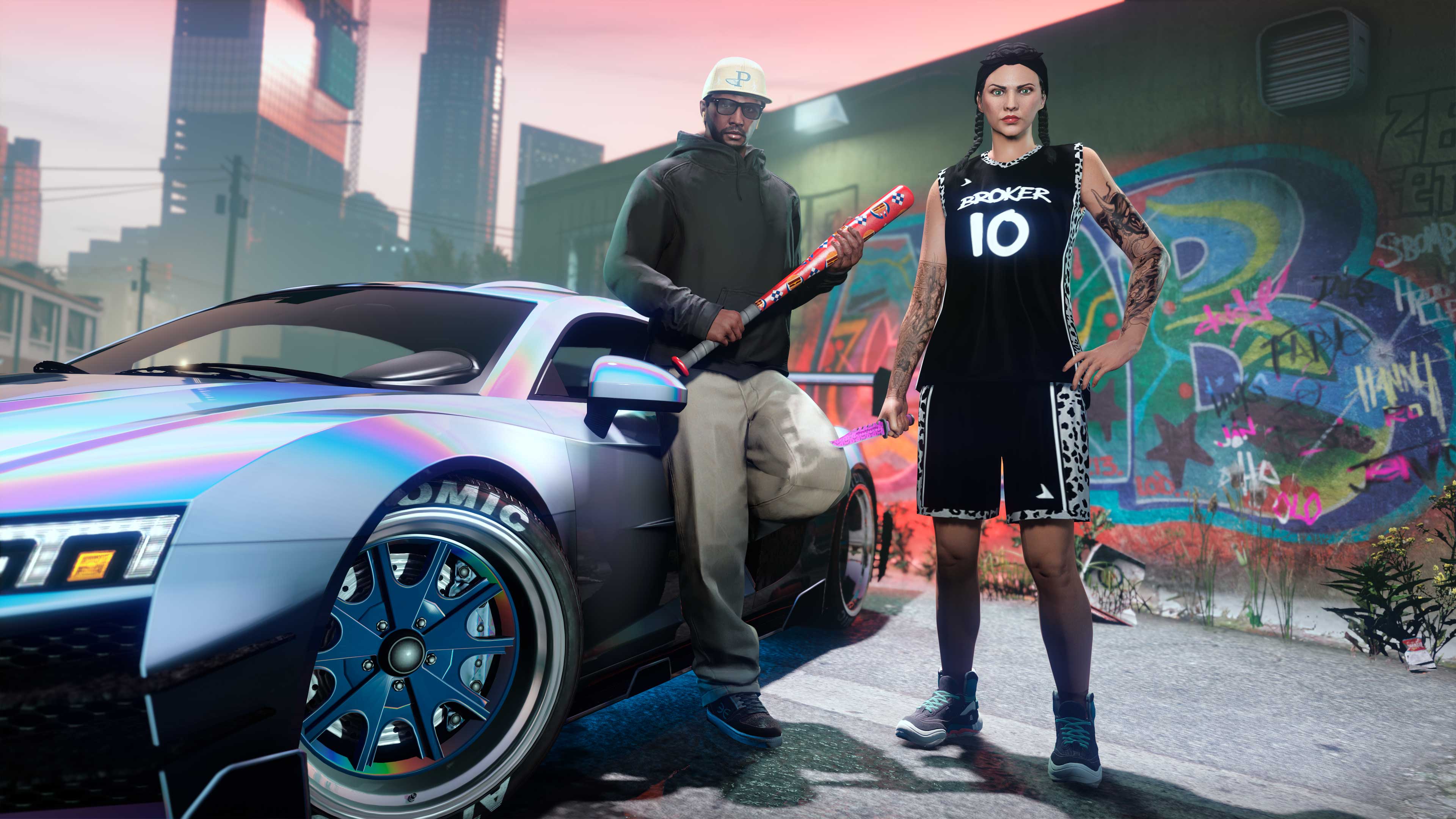 Two GTA Online characters stand nearby a car, one rests their foot on the door, leaning on the car while holding a bat. 