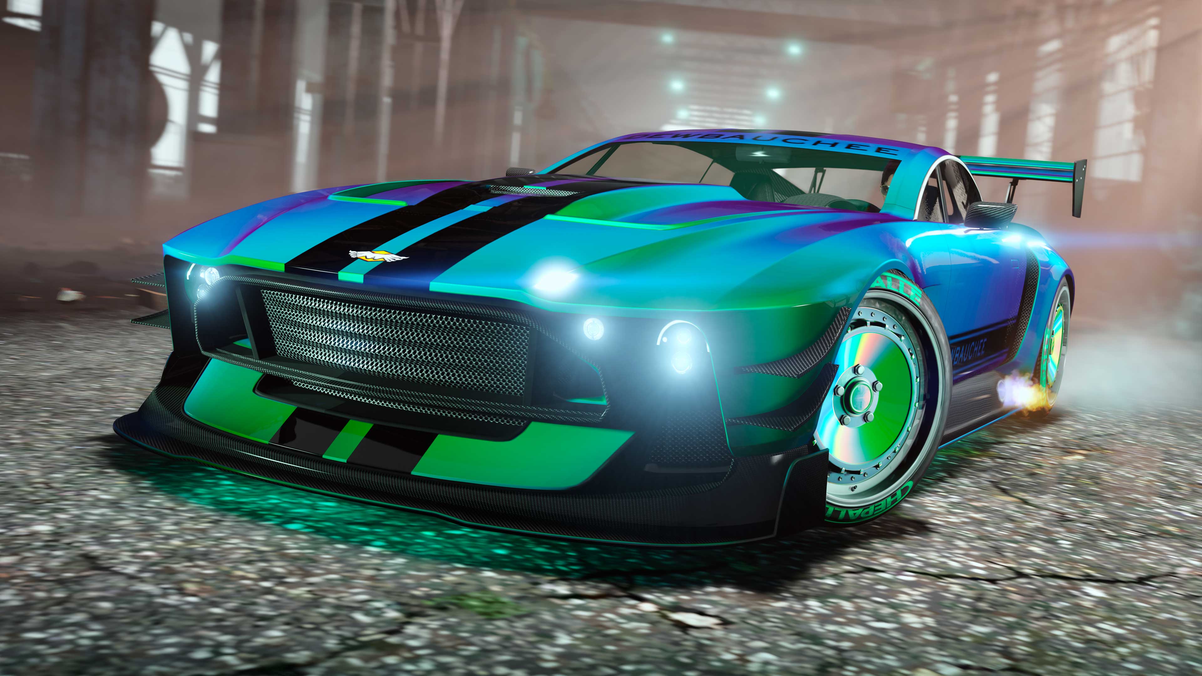 A car drives fast with a Green/Turquoise Flip Chameleon Paint and Green Prismatic Pearl Chameleon Wheel Paint.