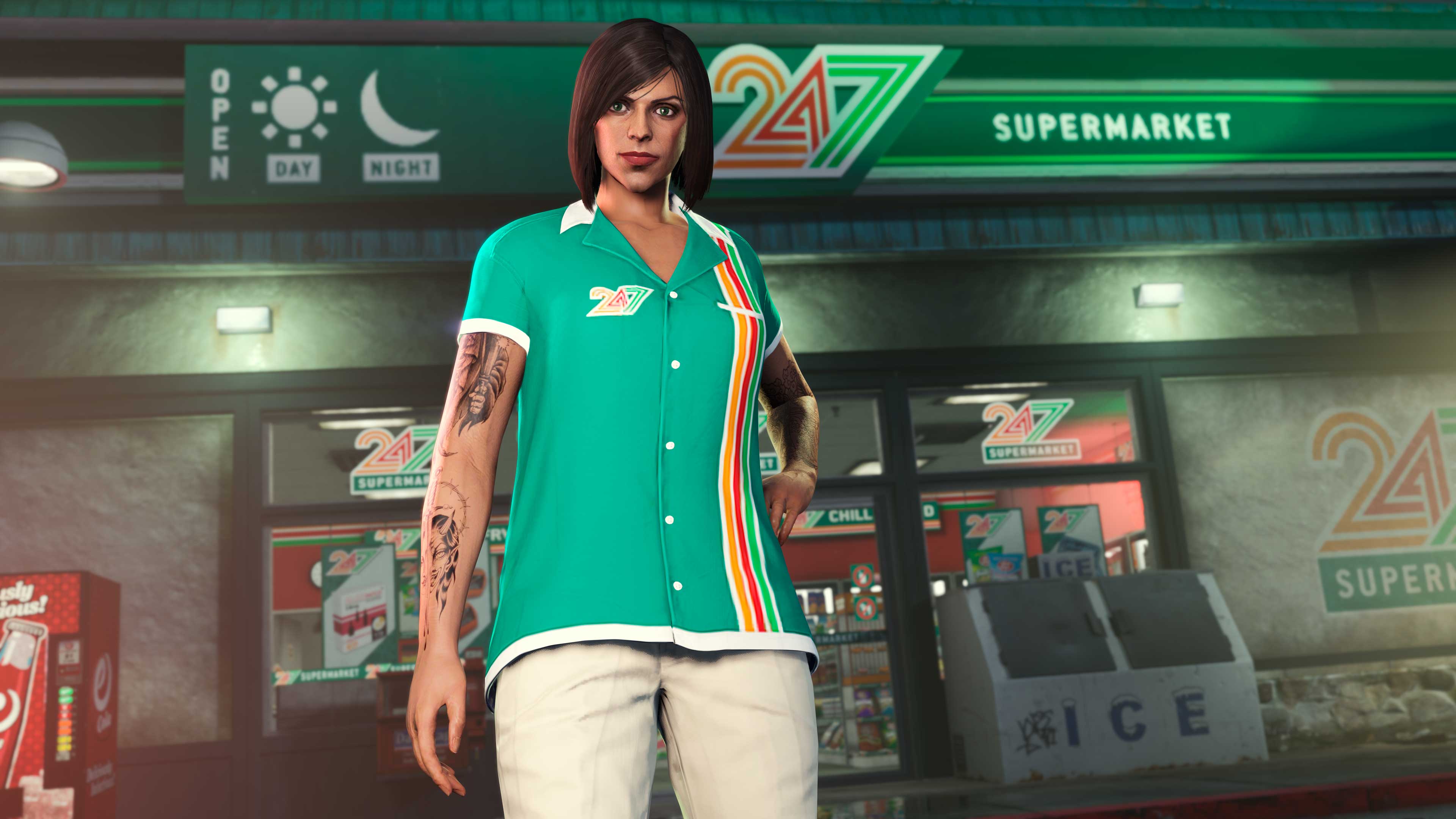 A GTA Online character wears the Green 247 Shirt and Khaki 247 Chino Pants with a yellow, red, and green vertical stripe on the left-side of the shirt. 