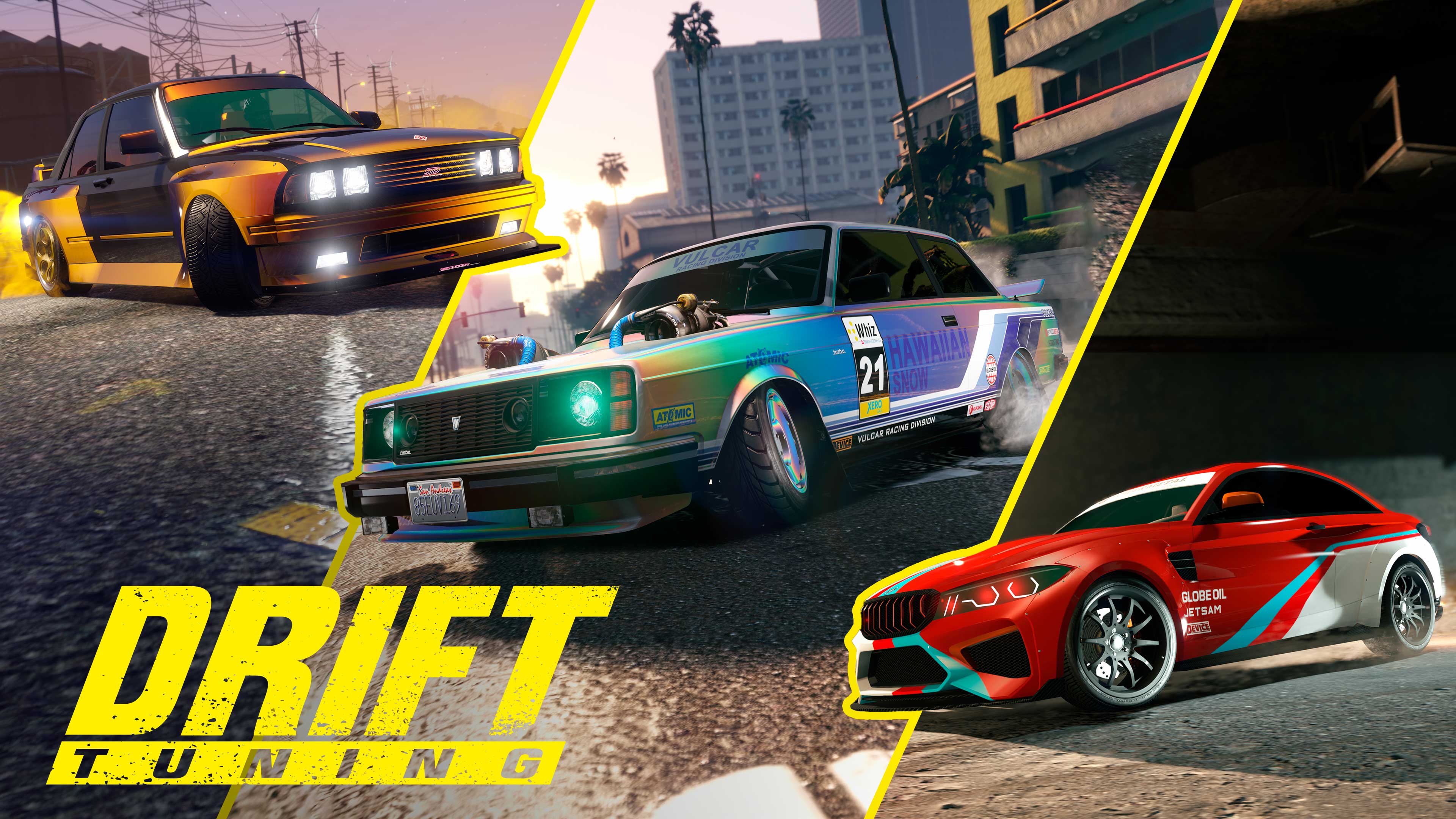 Drift Tuning poster showcasing a Vulcar Nebula Turbo, Übermacht Cypher, and a Übermacht Sentinel Widebody all drifting on city streets.