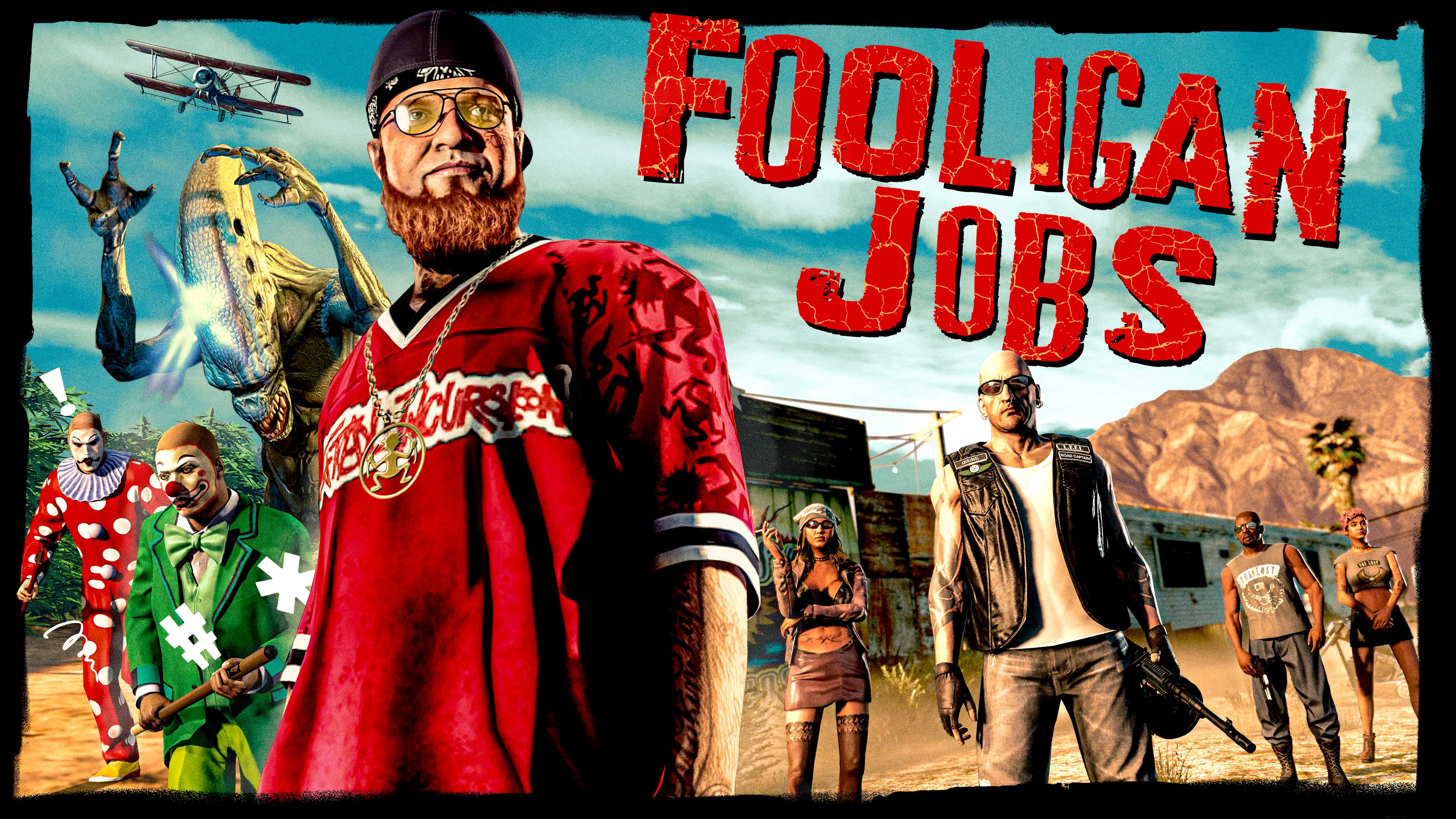 Fooligan Jobs event poster featuring Dax surrounded by various characters such as clowns, bikers, and an alien.