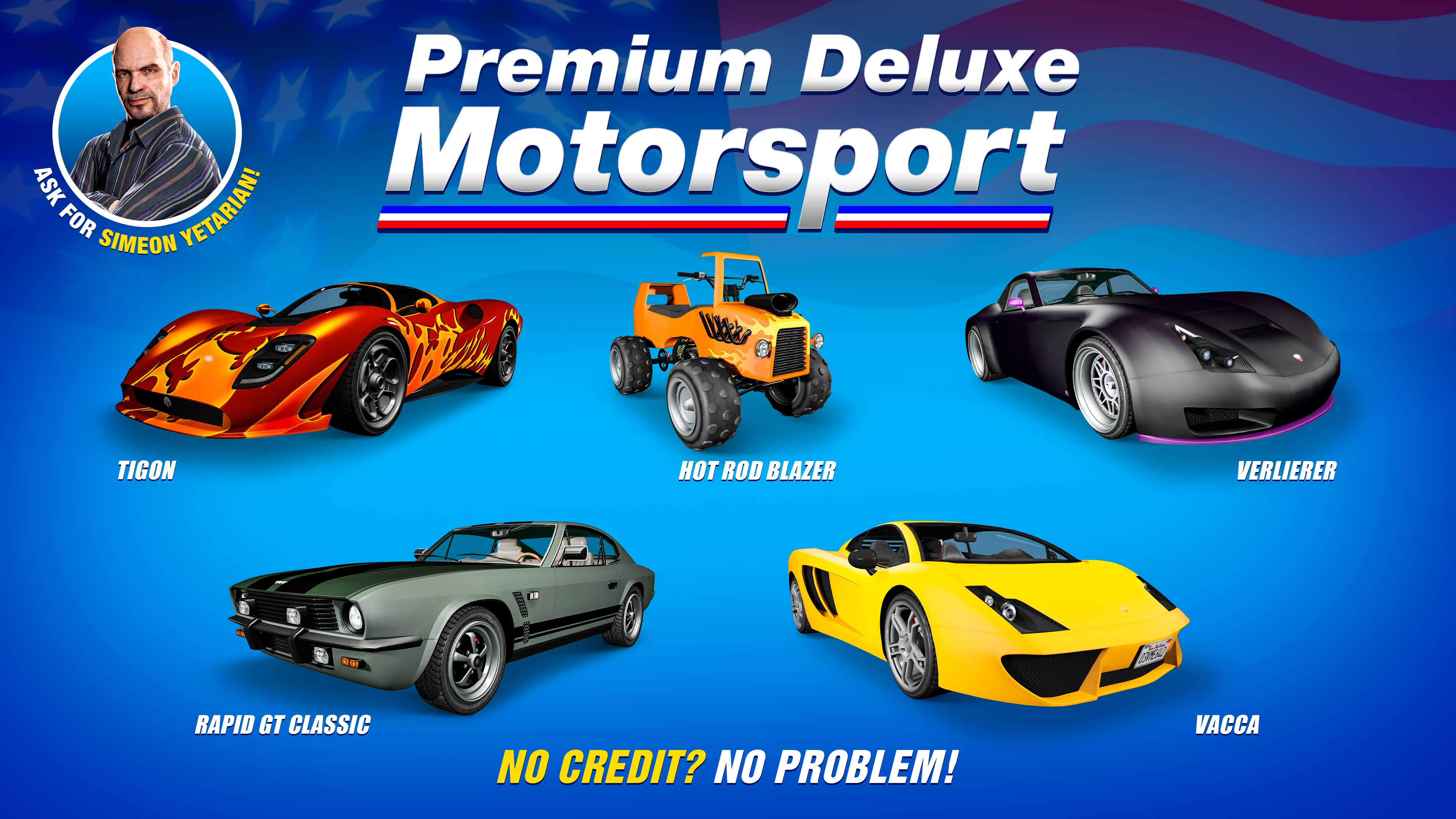 Premium Deluxe Motorsport poster for five vehicles: Lampadati Tigon, Dewbauchee Rapid GT Classic, Bravado Verlierer, Pegassi Vacca, and Nagasaki Hot Rod Blazer.