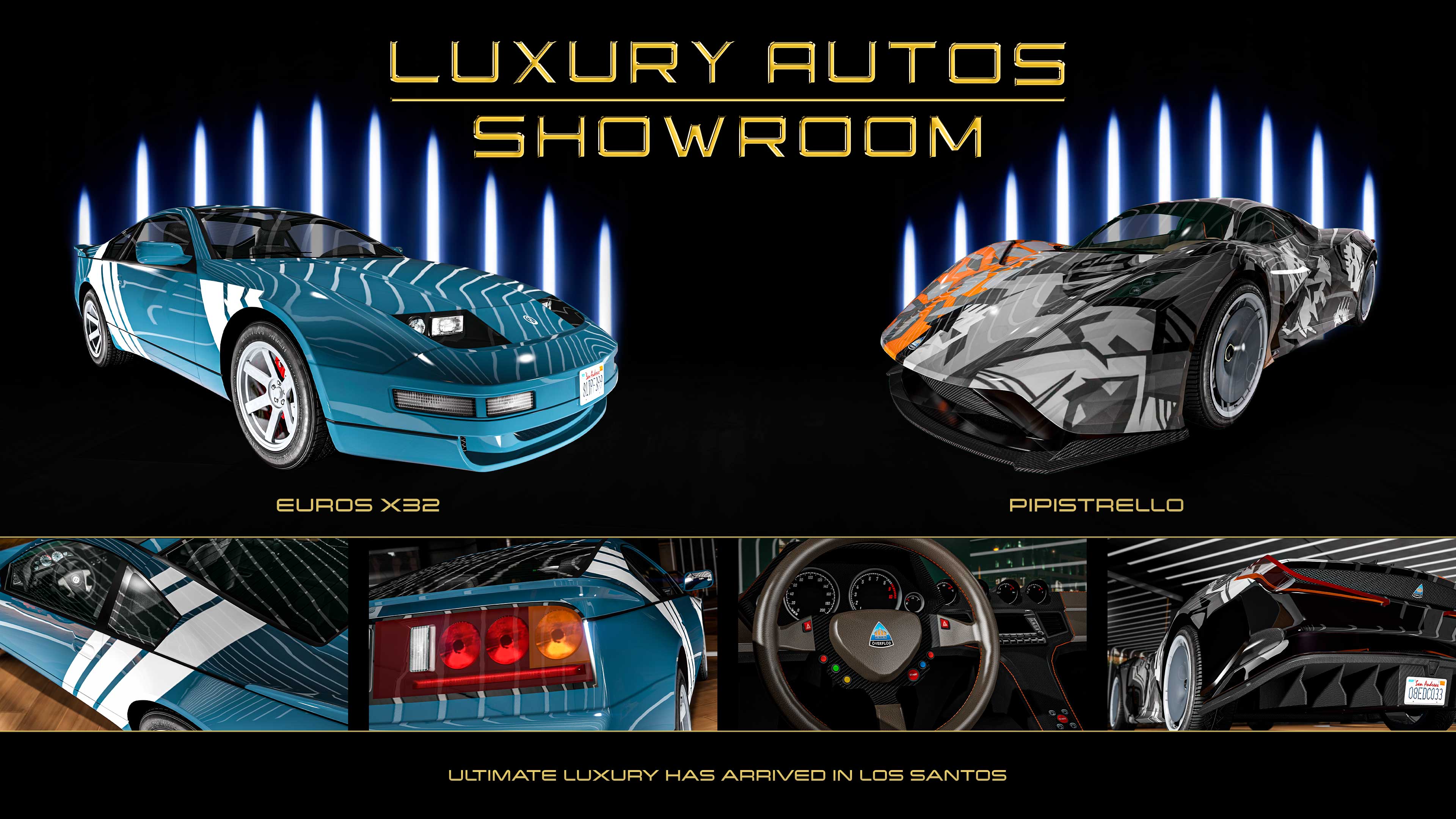 Poster for two Luxury Autos showroom cars. Left: A blue three-door Euros X32 car with white diagonal striped liveries. Right: A dark three-door Pipistrello car with a light grey and orange abstract graffiti livery.