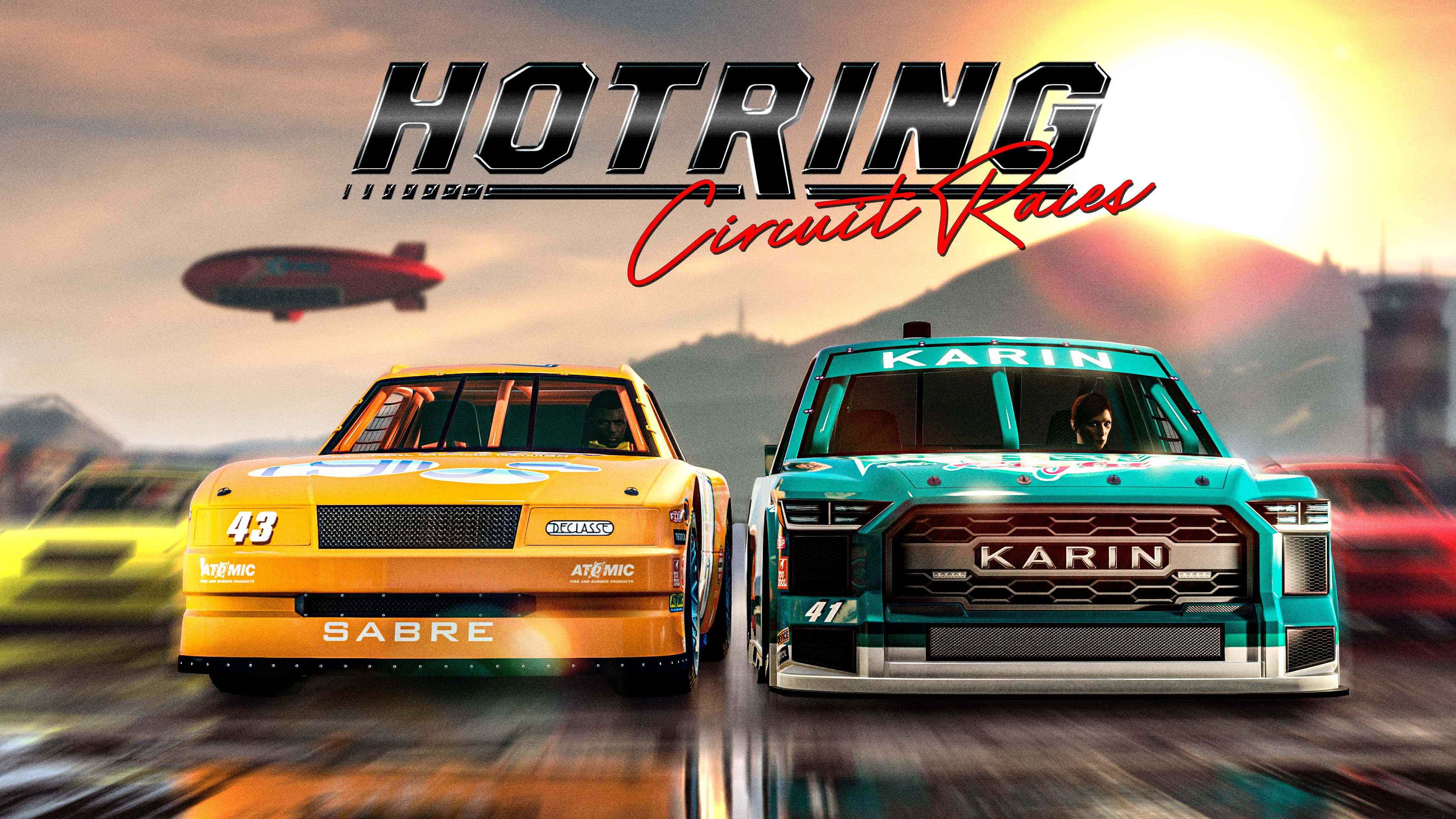 Hotring Circuit Races event poster with a Hotring Sabre and a Hotring Everon racing side-by-side on a circuit.