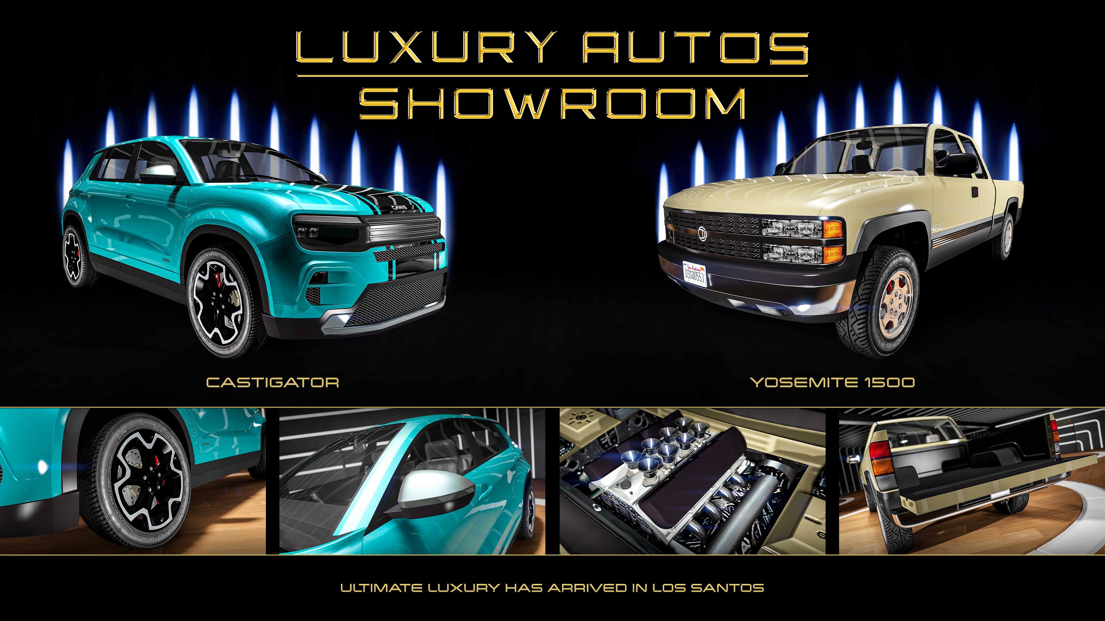Poster for two Luxury Autos showroom cars. Left: A glossy cyan blue three-door Canis Castigator with a bordered black racing stripe. Right: A three-door Declasse Yosemite 1500 with tan paintwork and rims.