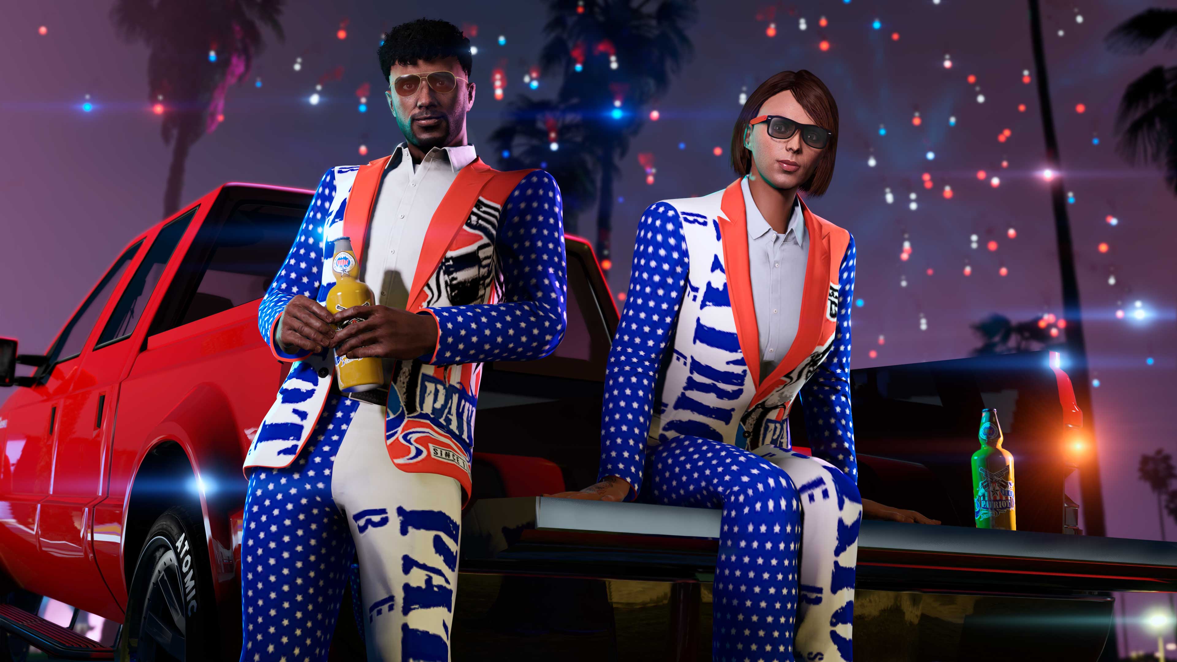 Two GTA Online characters sitting in the trunk of a pickup. Both are wearing a red, white, and blue Patriot suit.
