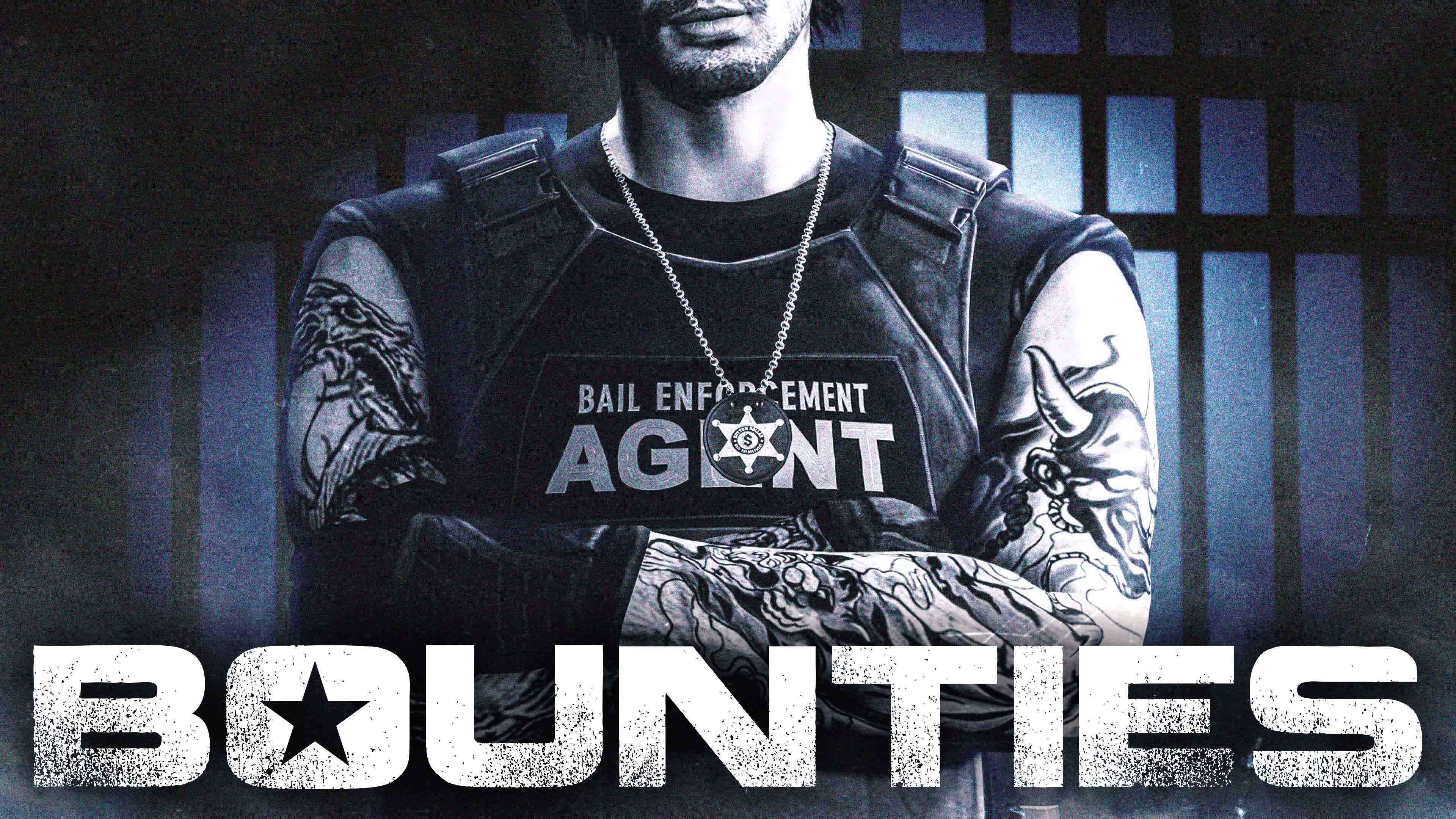 Bounties poster with a sleeveless bail enforcement agent facing forward with crossed arms.